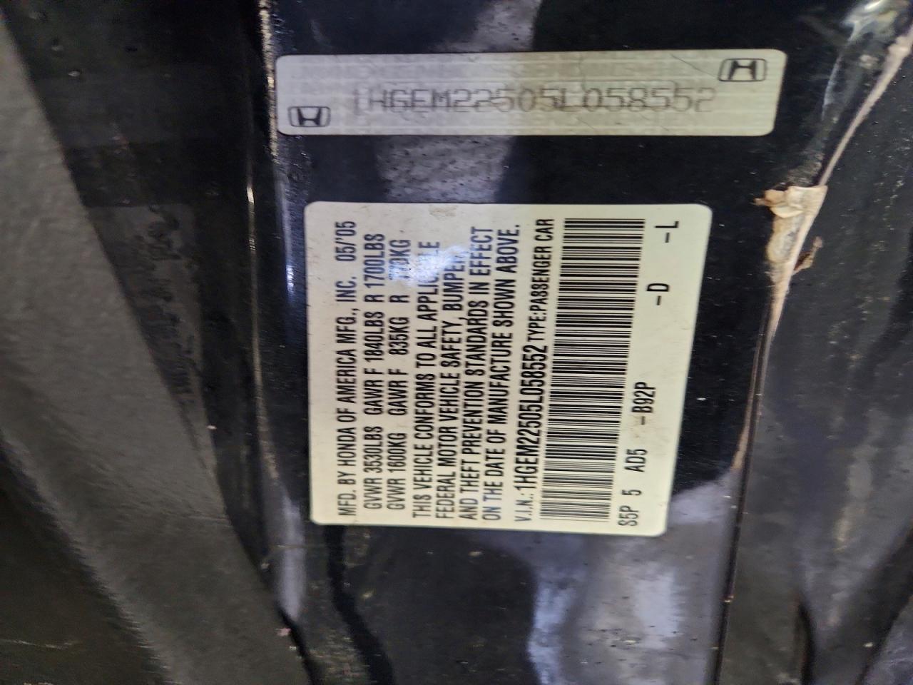 2005 Honda Civic Black vin: 1HGEM22505L058552
