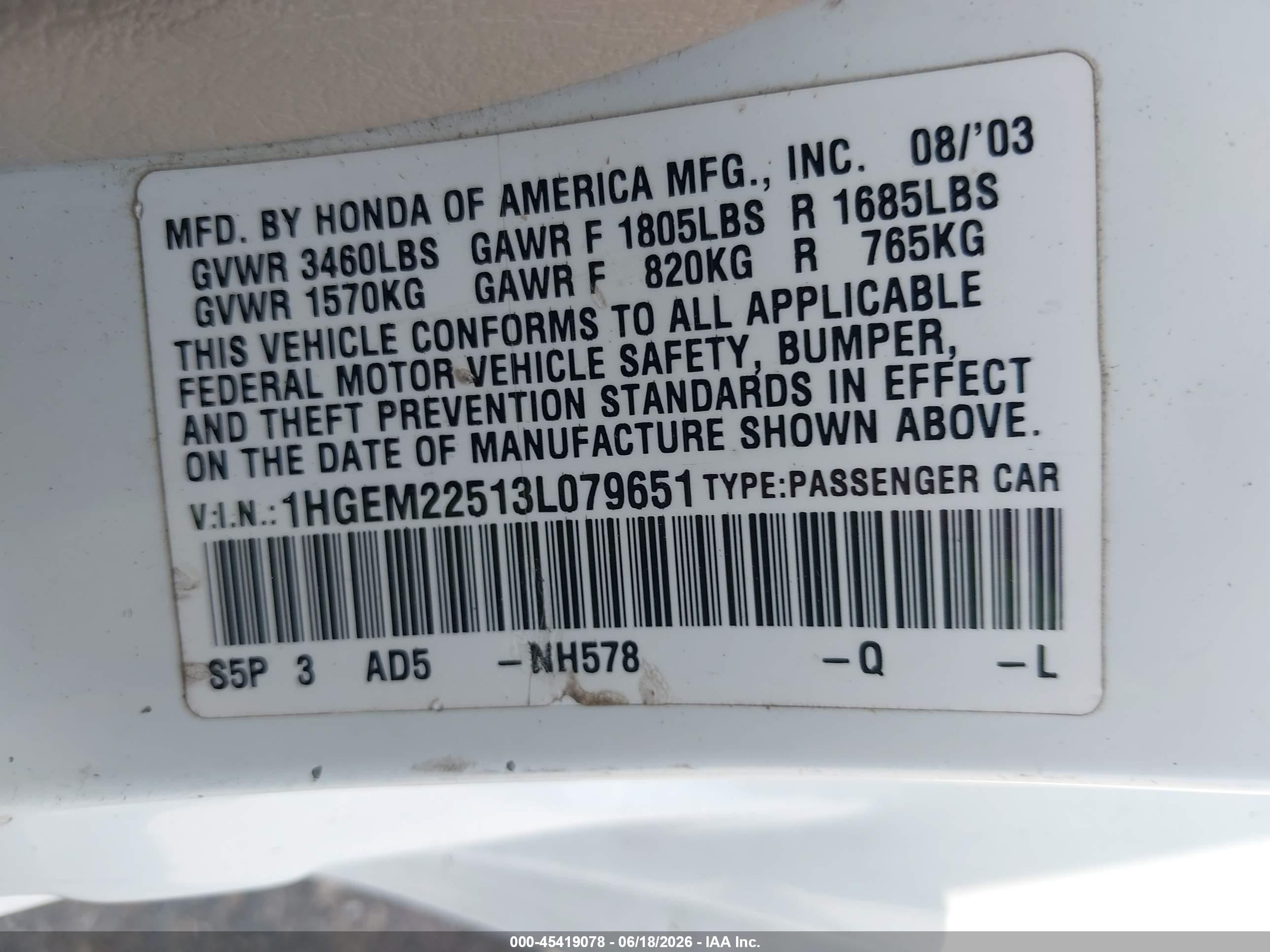 2003 Honda Civic Lx White vin: 1HGEM22513L079651