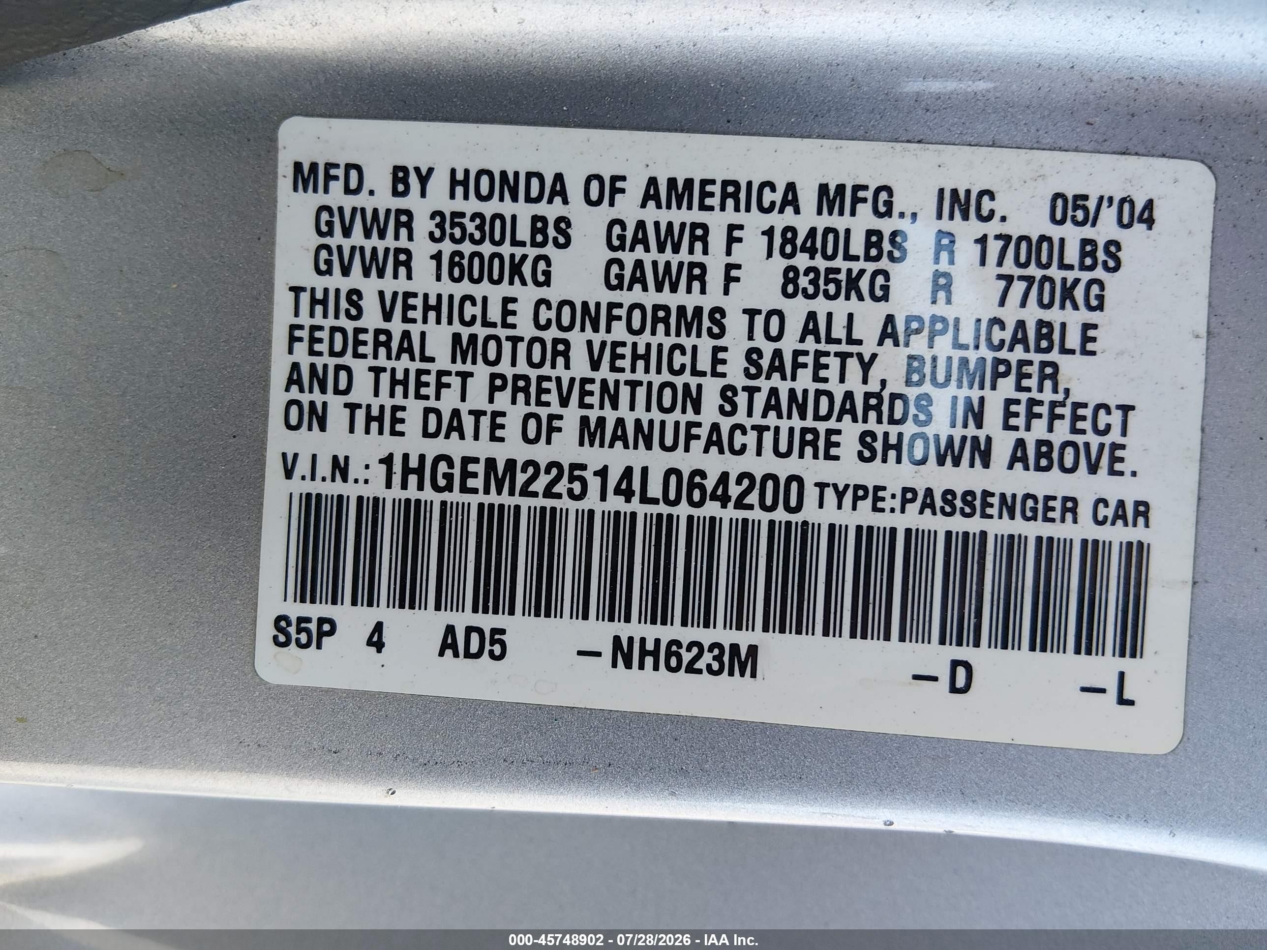 2004 Honda Civic Lx Silver vin: 1HGEM22514L064200