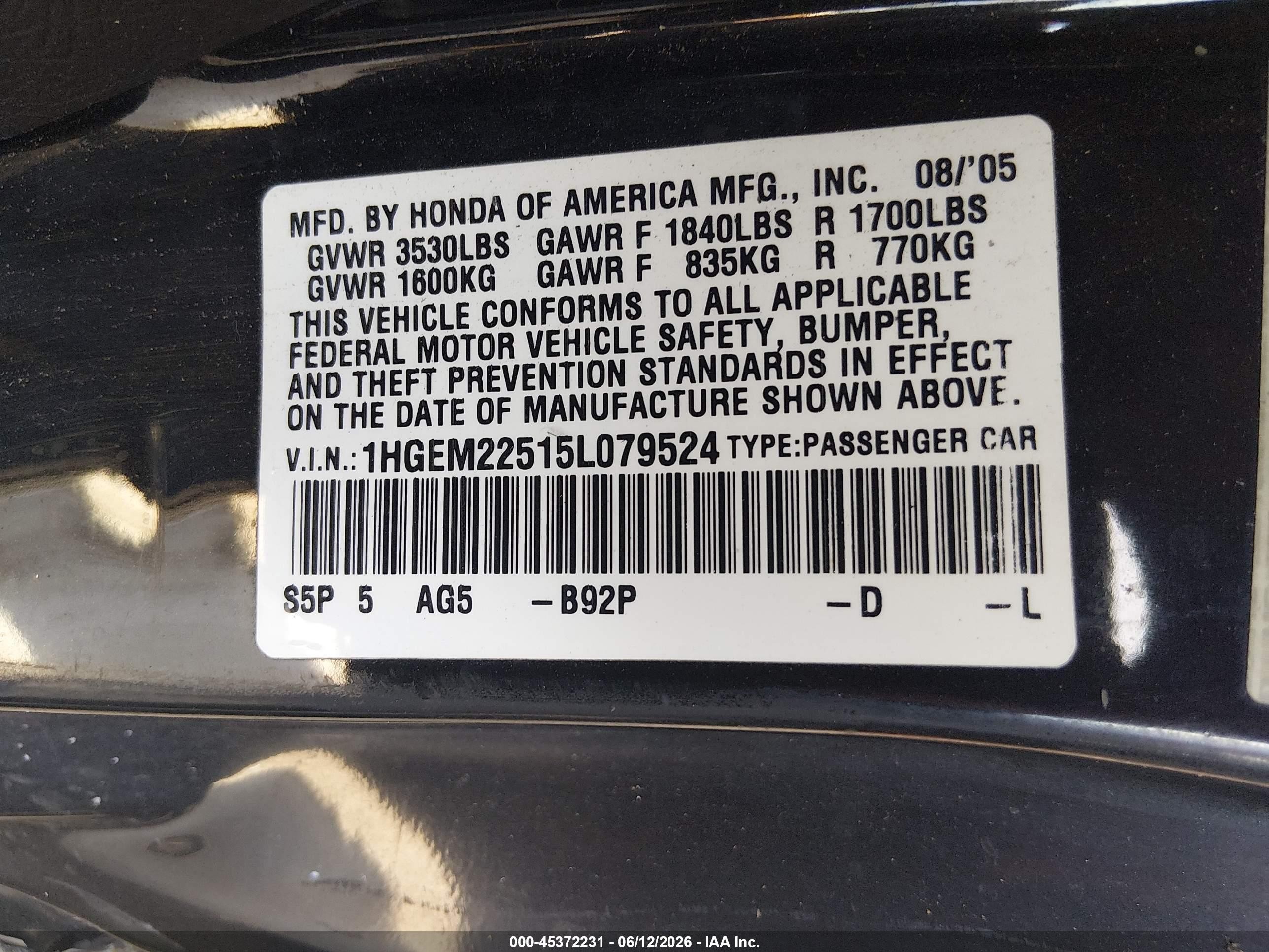 2005 Honda Civic Lx Black vin: 1HGEM22515L079524