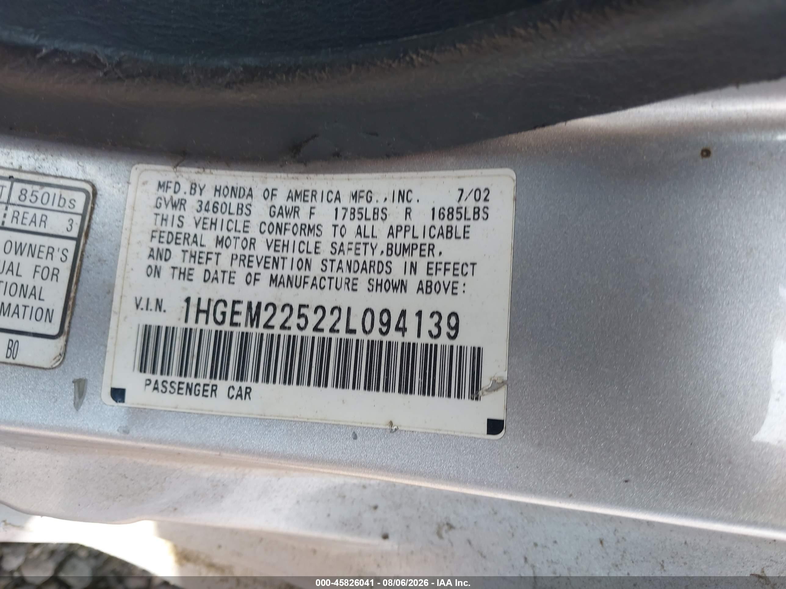 2002 Honda Civic Lx Silver vin: 1HGEM22522L094139