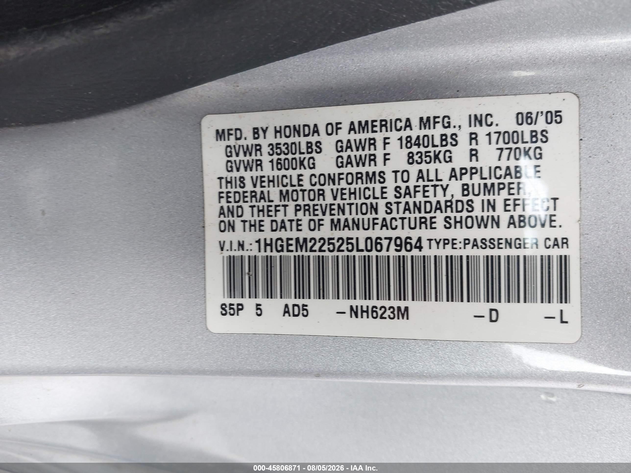 2005 Honda Civic Lx Silver vin: 1HGEM22525L067964