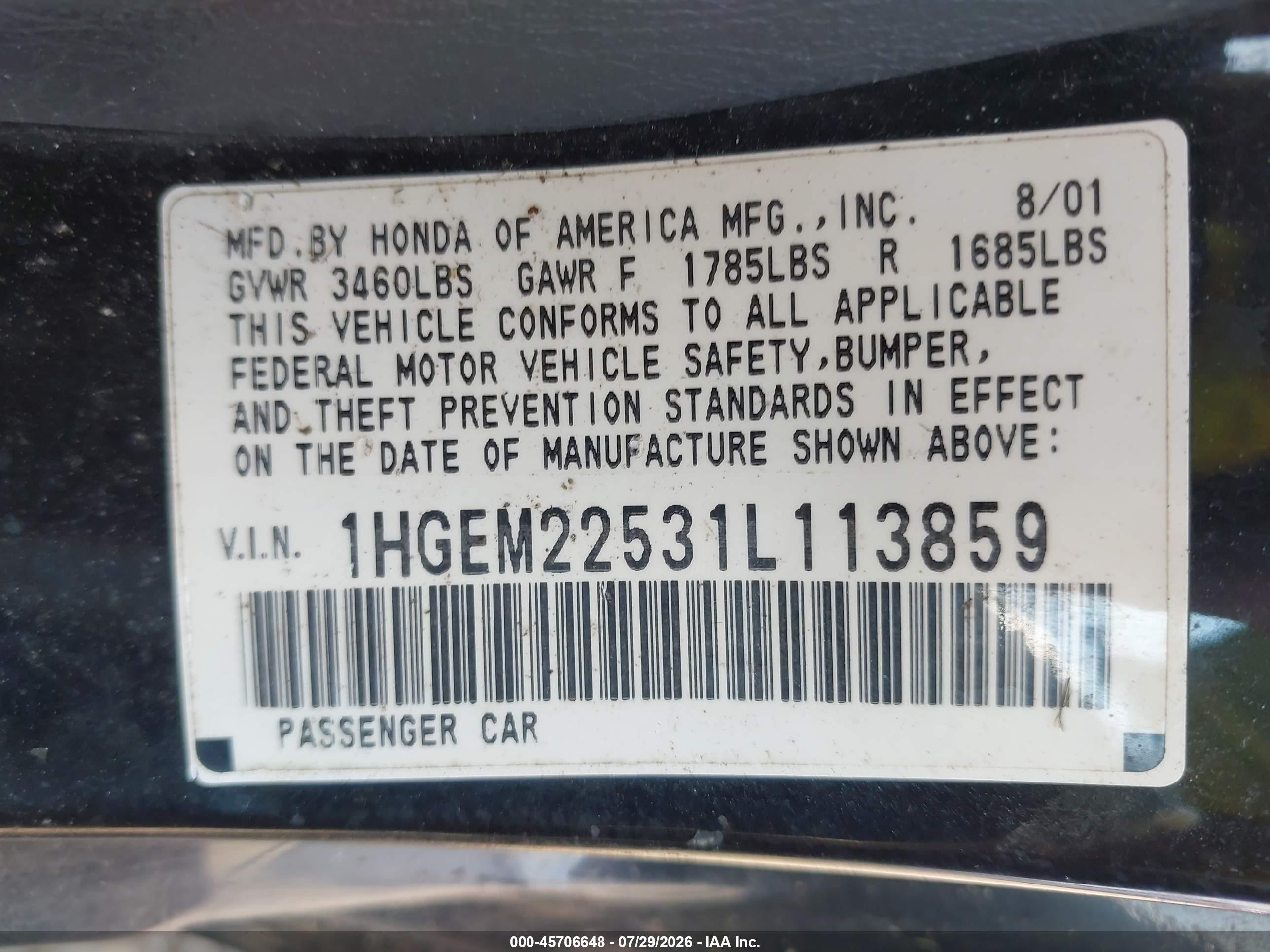 2001 Honda Civic Lx Черный vin: 1HGEM22531L113859