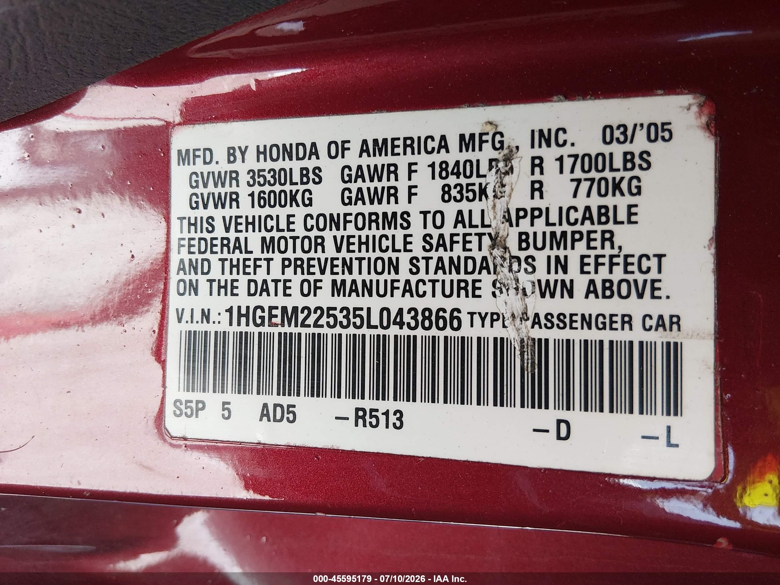 2005 Honda Civic Lx Red vin: 1HGEM22535L043866