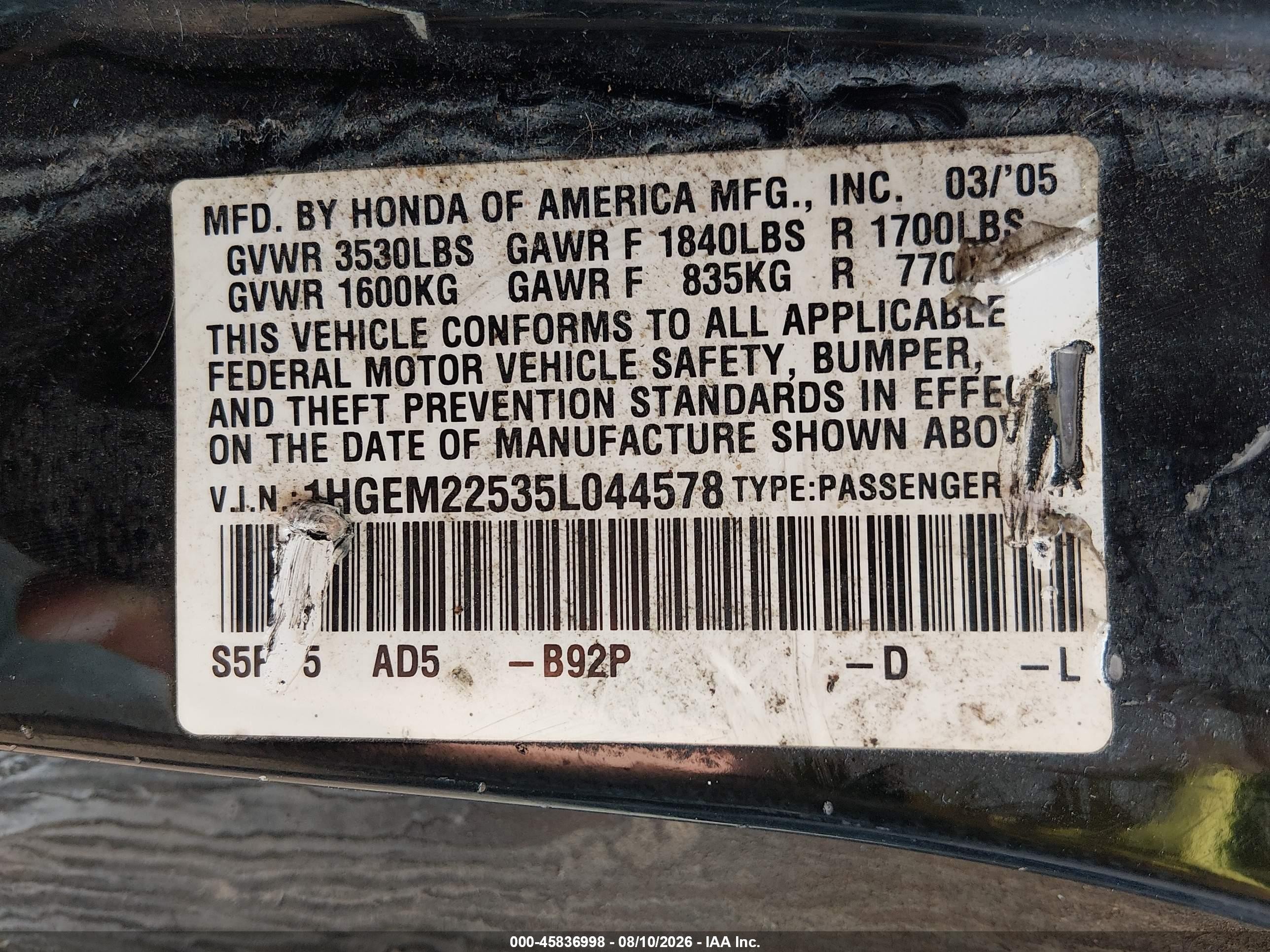 2005 Honda Civic Lx Black vin: 1HGEM22535L044578