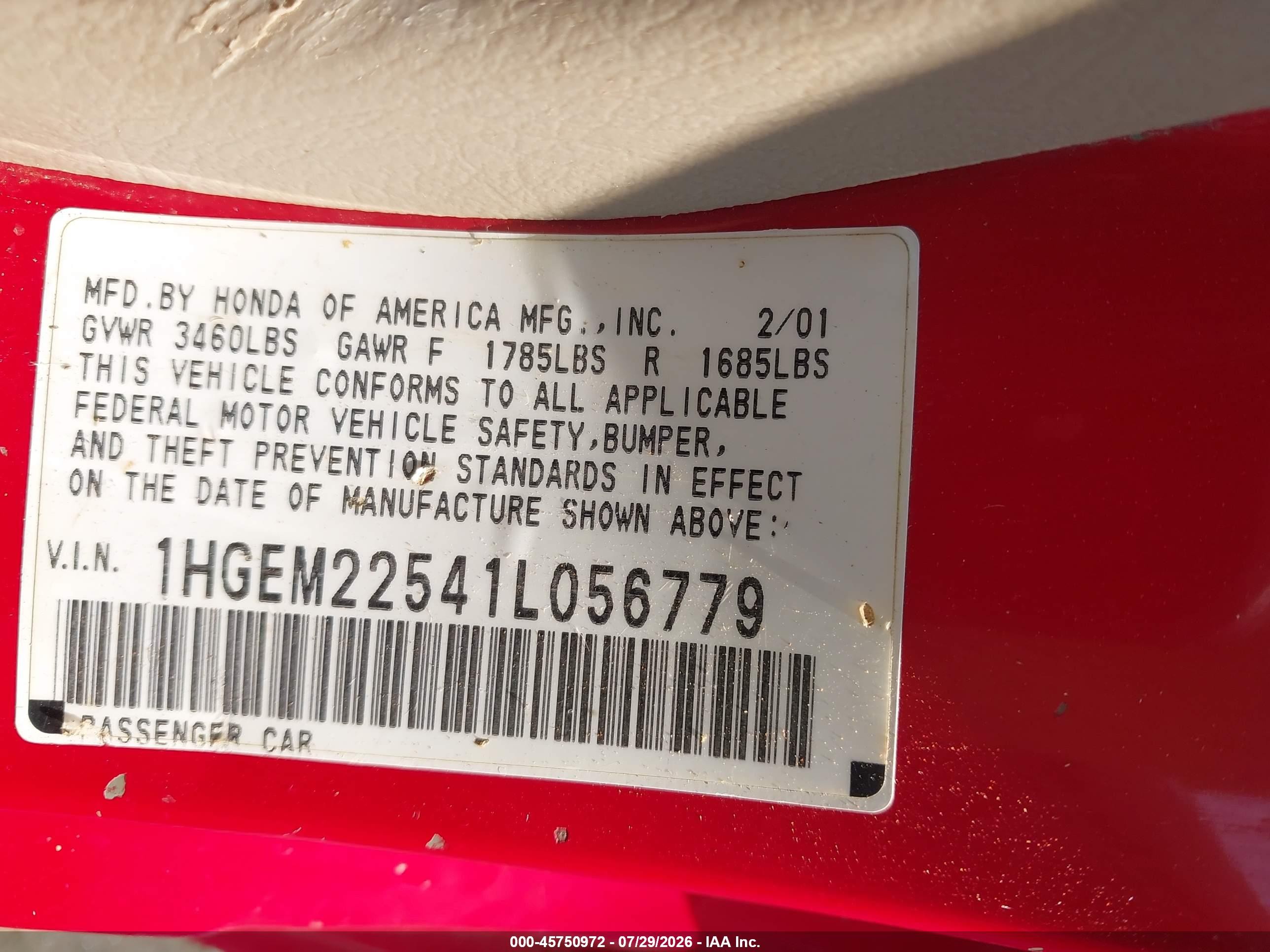 2001 Honda Civic Lx Red vin: 1HGEM22541L056779