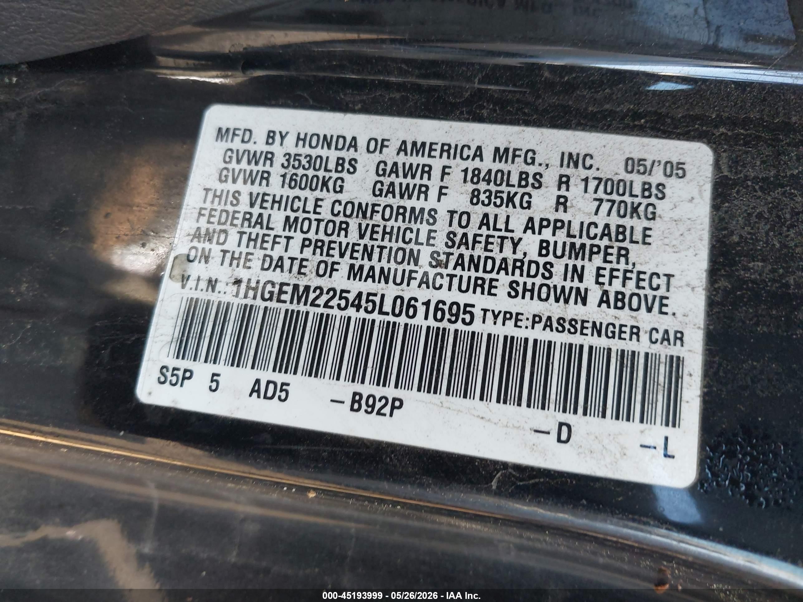 2005 Honda Civic Lx Черный vin: 1HGEM22545L061695