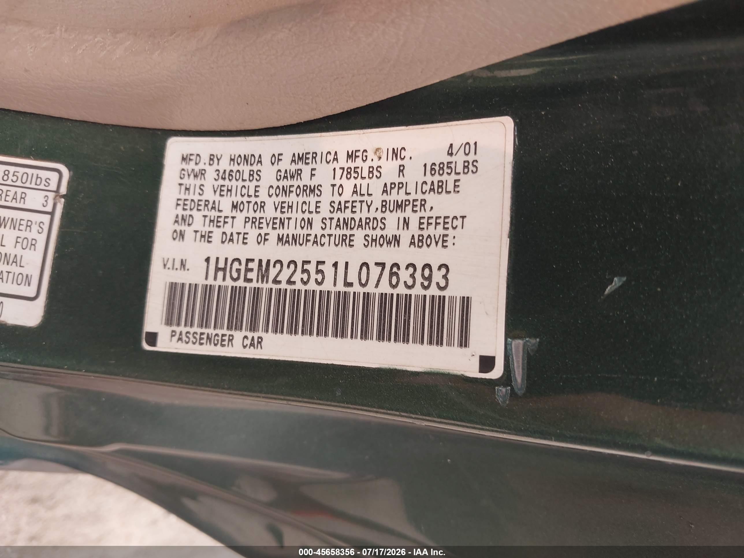 2001 Honda Civic Lx Green vin: 1HGEM22551L076393