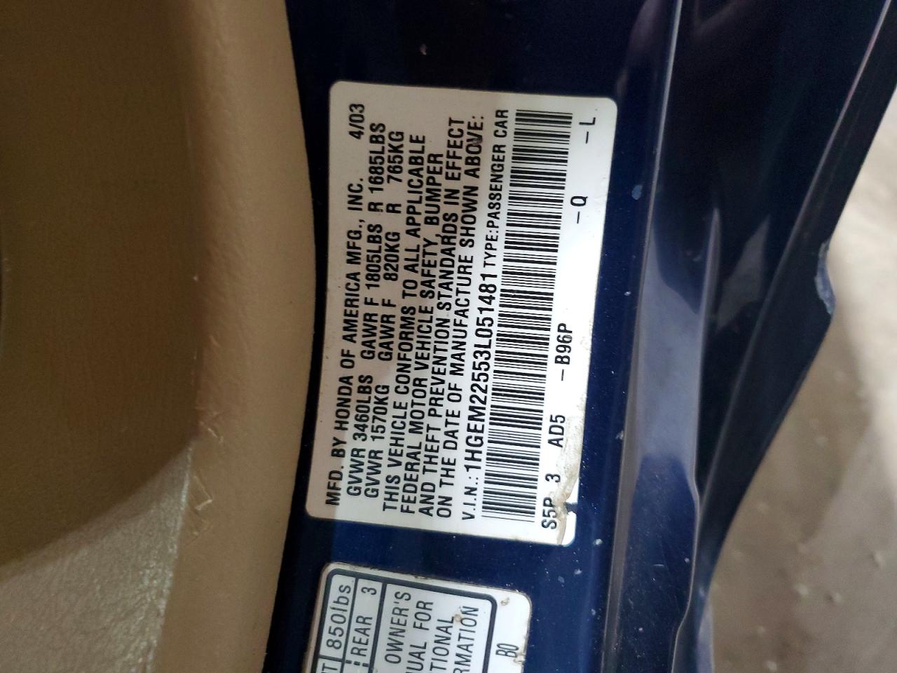 2003 Honda Civic Lx Blue vin: 1HGEM22553L051481