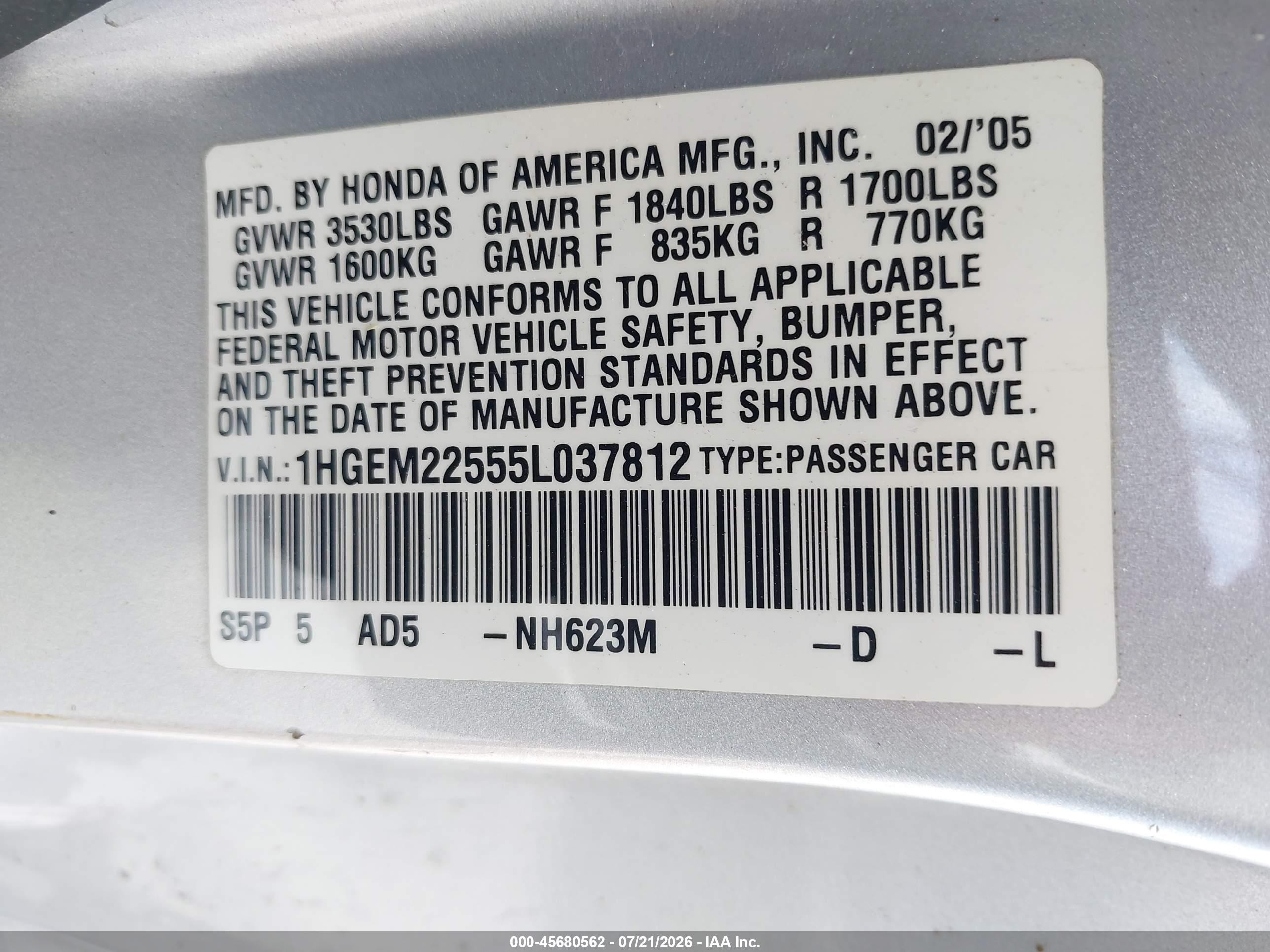 2005 Honda Civic Lx Silver vin: 1HGEM22555L037812
