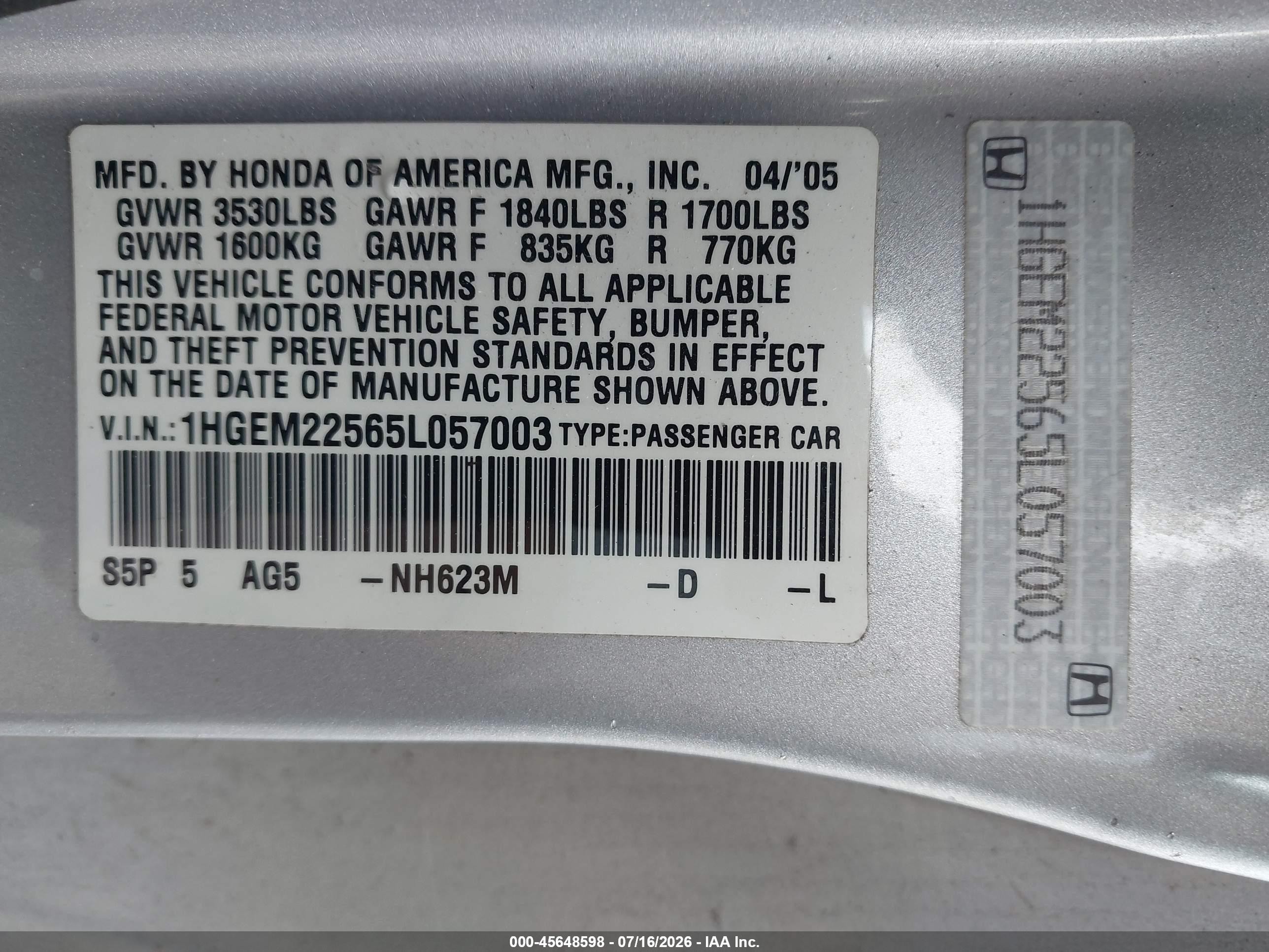2005 Honda Civic Lx Silver vin: 1HGEM22565L057003