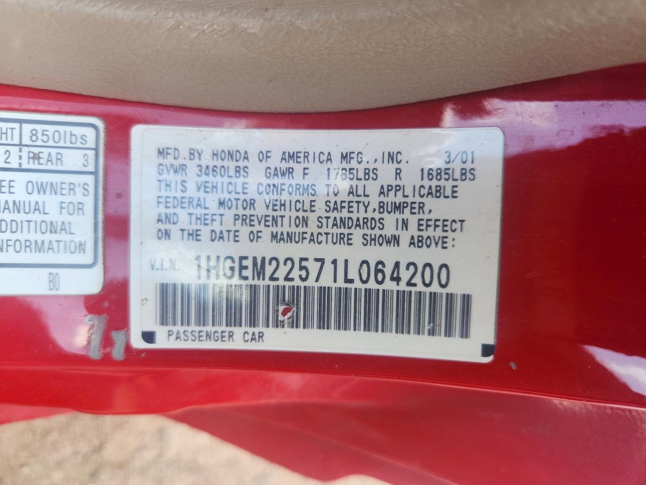 2001 Honda Civic Lx Red vin: 1HGEM22571L064200