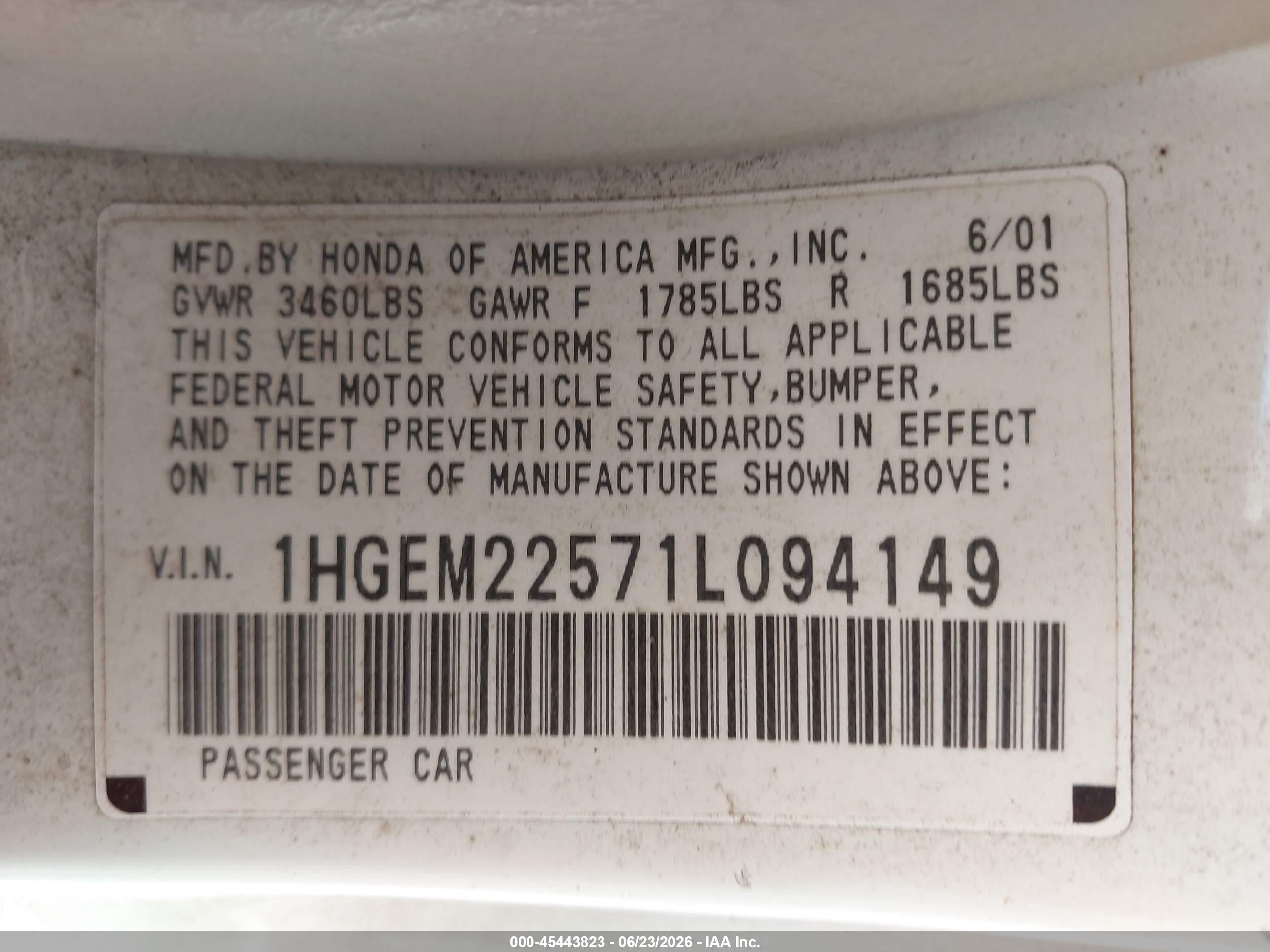2001 Honda Civic Lx White vin: 1HGEM22571L094149