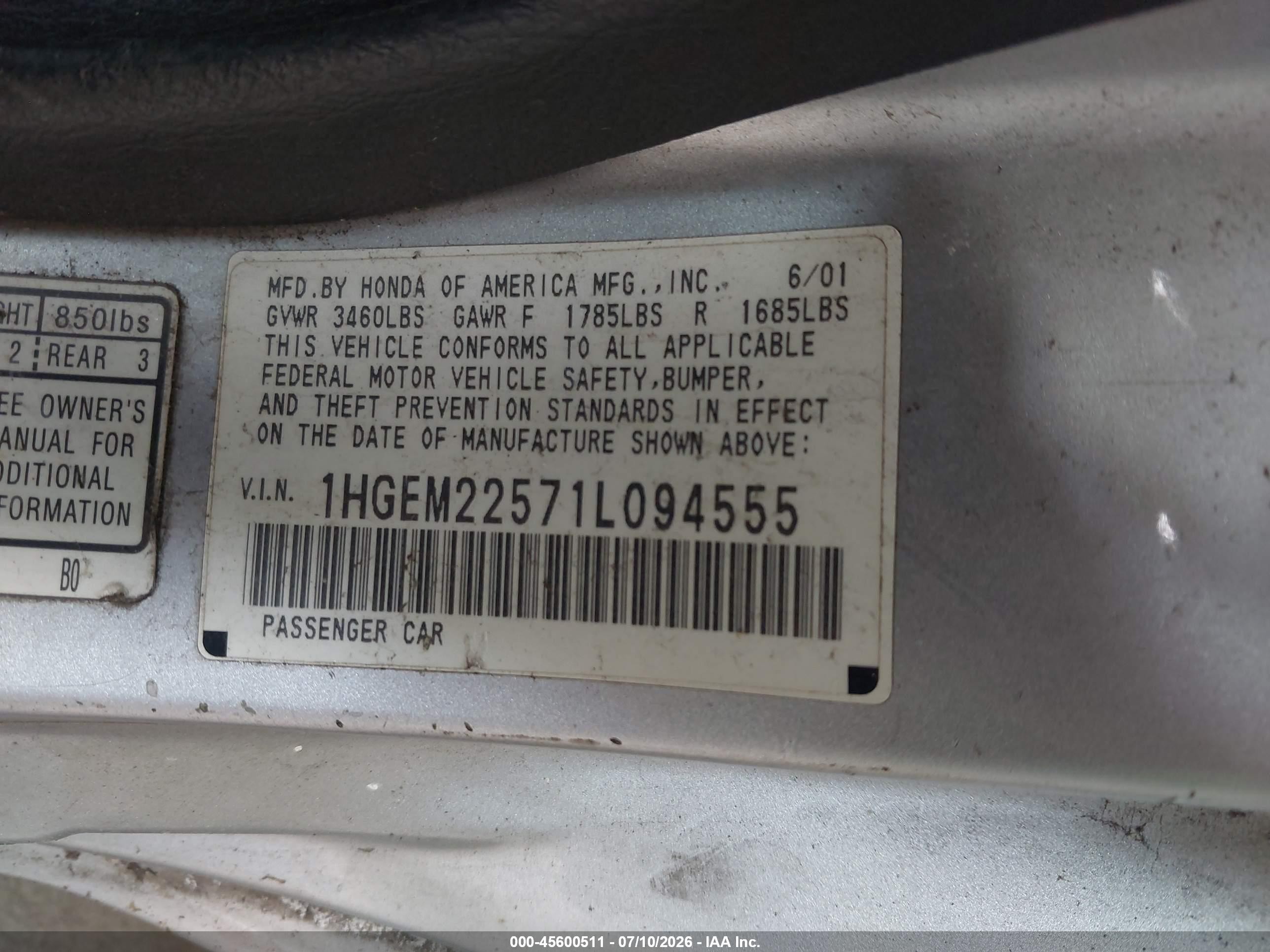 2001 Honda Civic Lx Silver vin: 1HGEM22571L094555