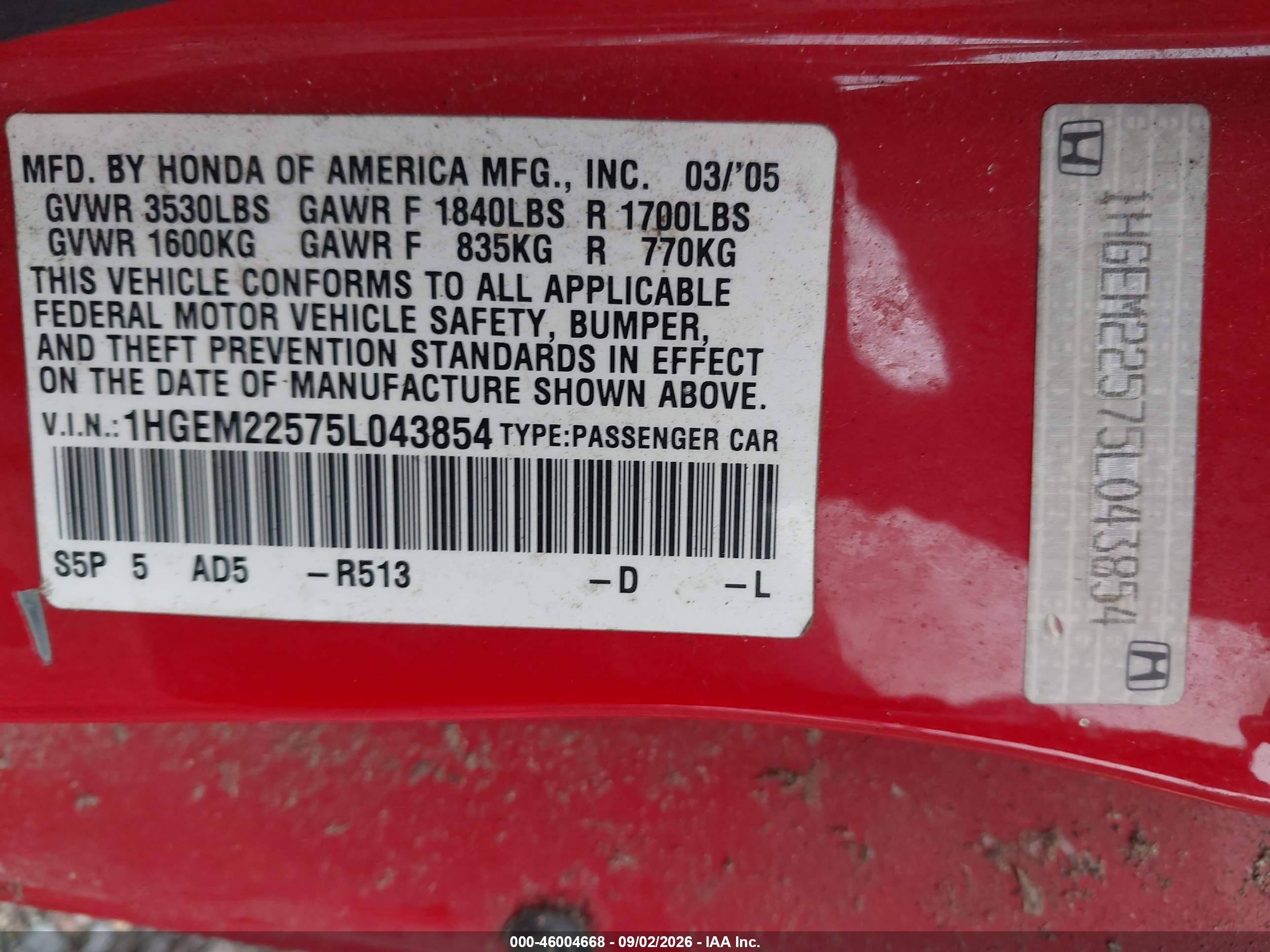 2005 Honda Civic Lx Red vin: 1HGEM22575L043854