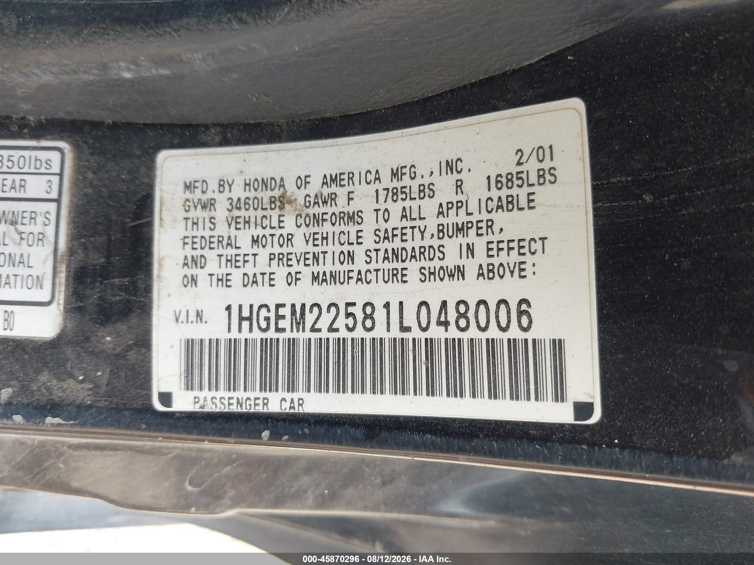 2001 Honda Civic Lx Black vin: 1HGEM22581L048006