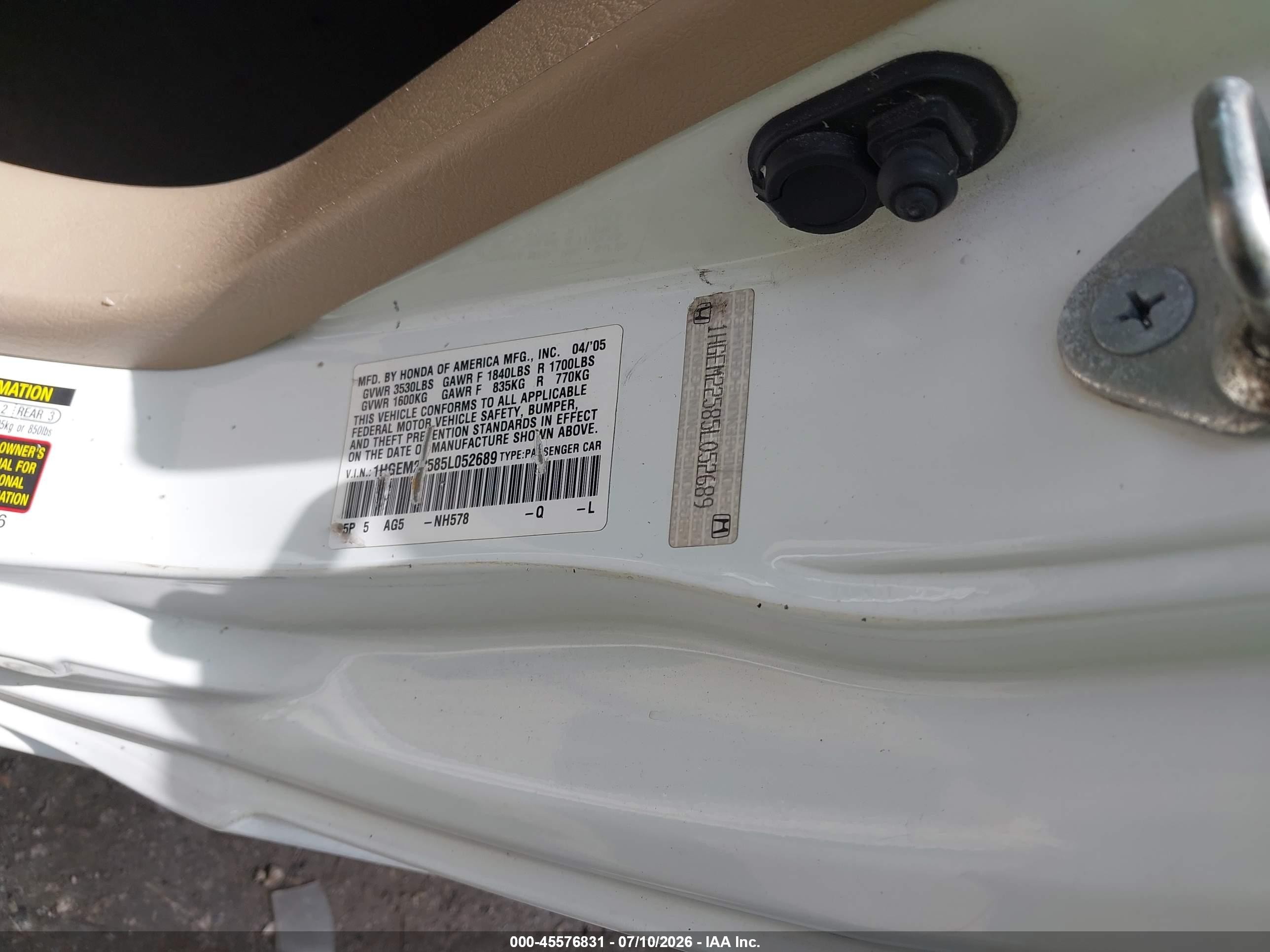 2005 Honda Civic Lx Белый vin: 1HGEM22585L052689