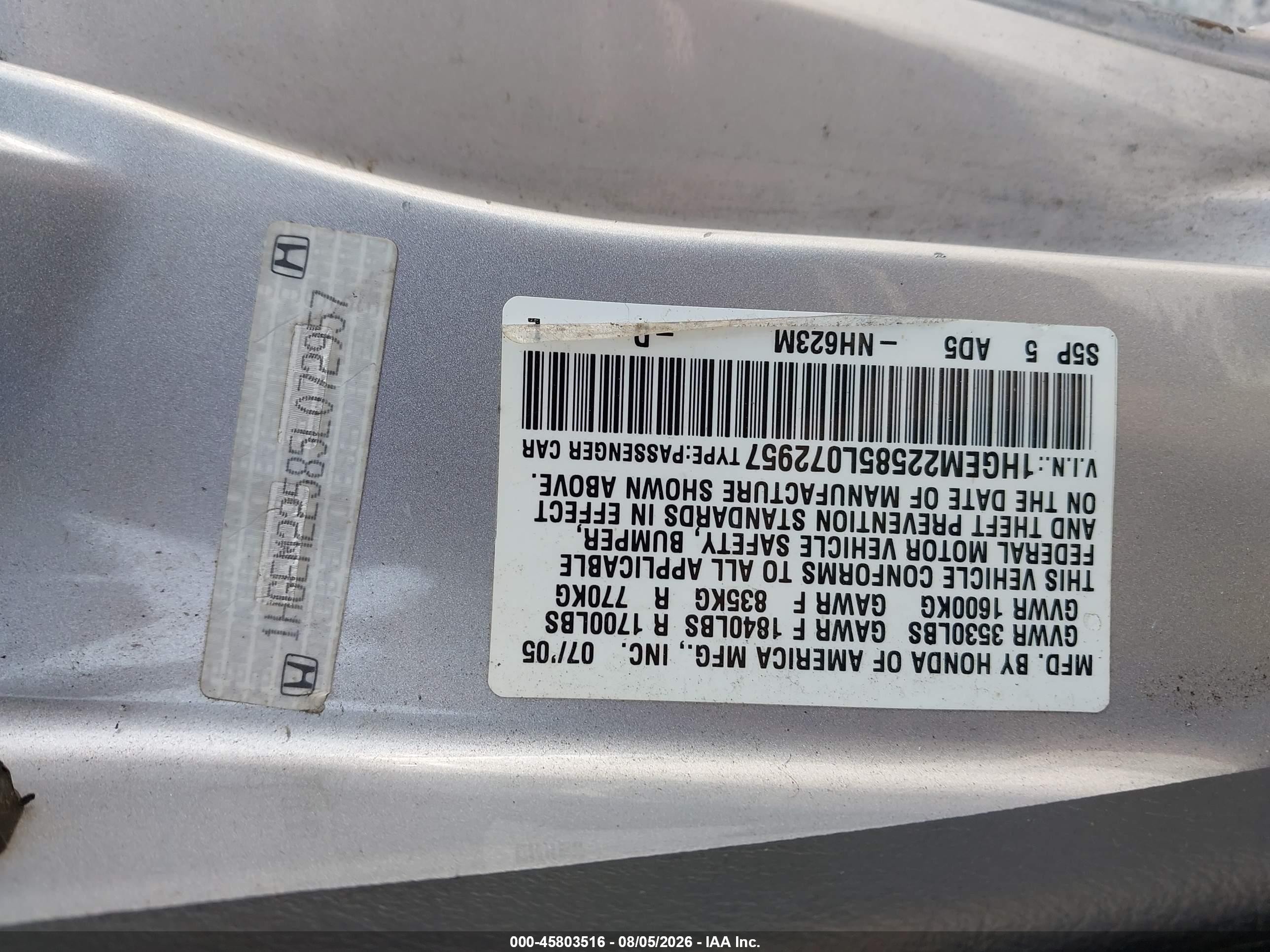 2005 Honda Civic Lx Silver vin: 1HGEM22585L072957