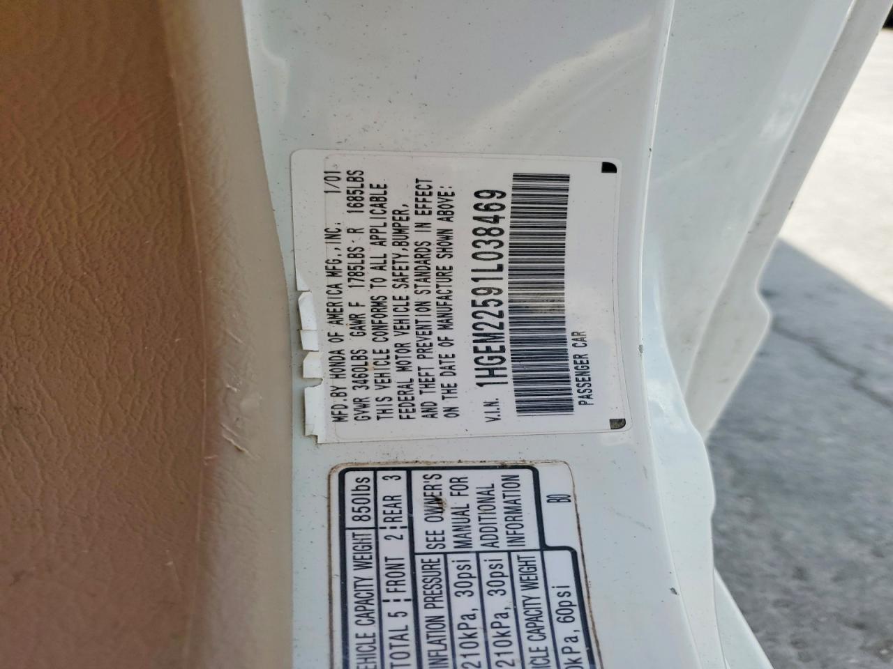 2001 Honda Civic Lx White vin: 1HGEM22591L038469