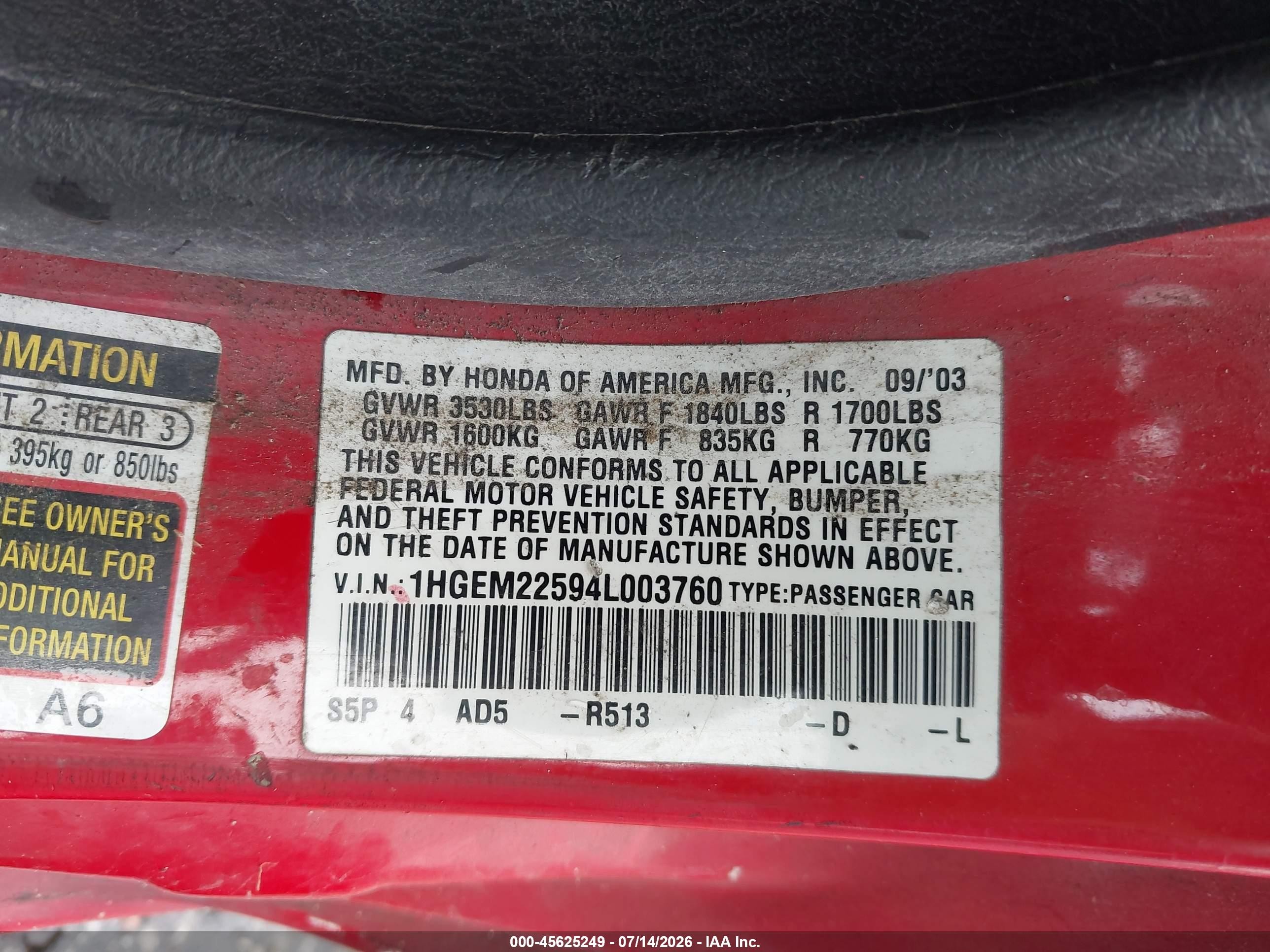 2004 Honda Civic Lx Red vin: 1HGEM22594L003760