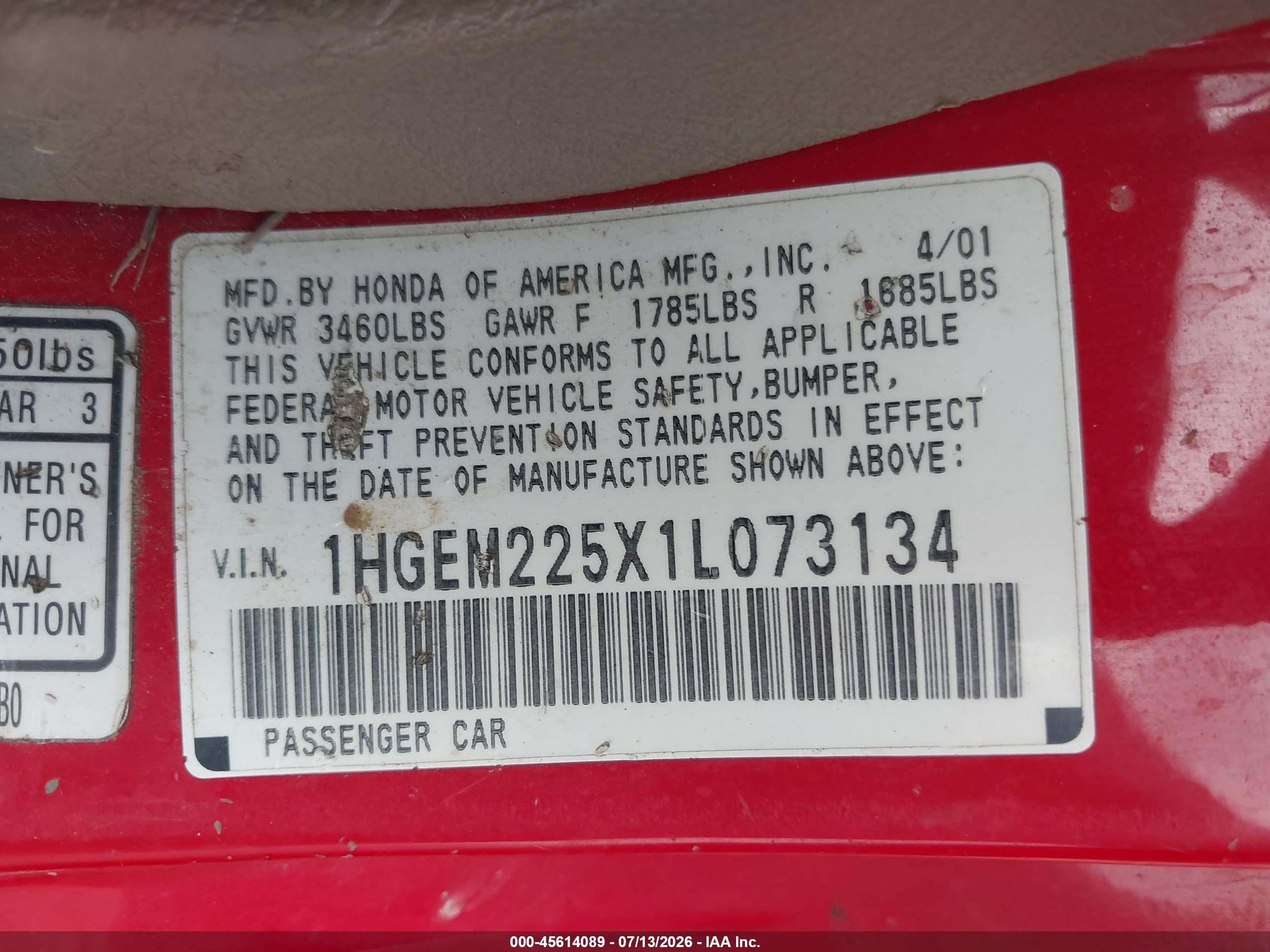 2001 Honda Civic Lx Red vin: 1HGEM225X1L073134