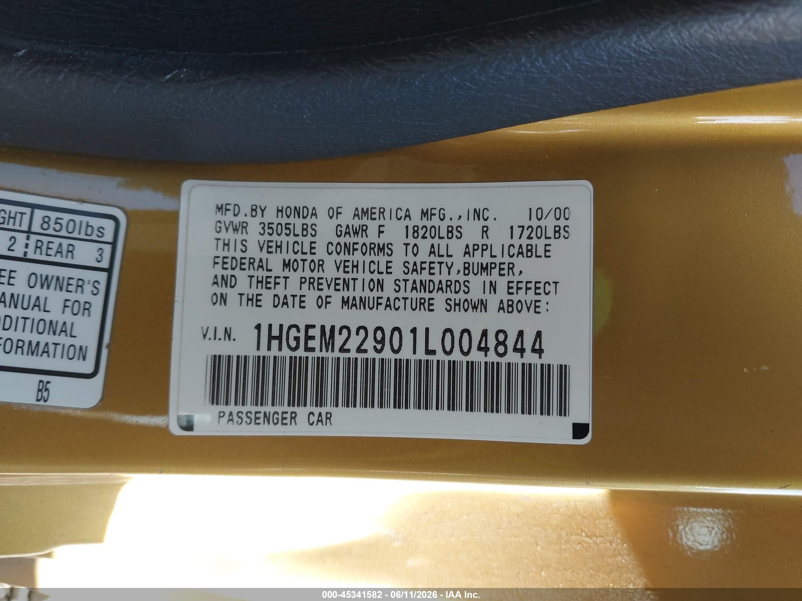 2001 Honda Civic Ex Gold vin: 1HGEM22901L004844