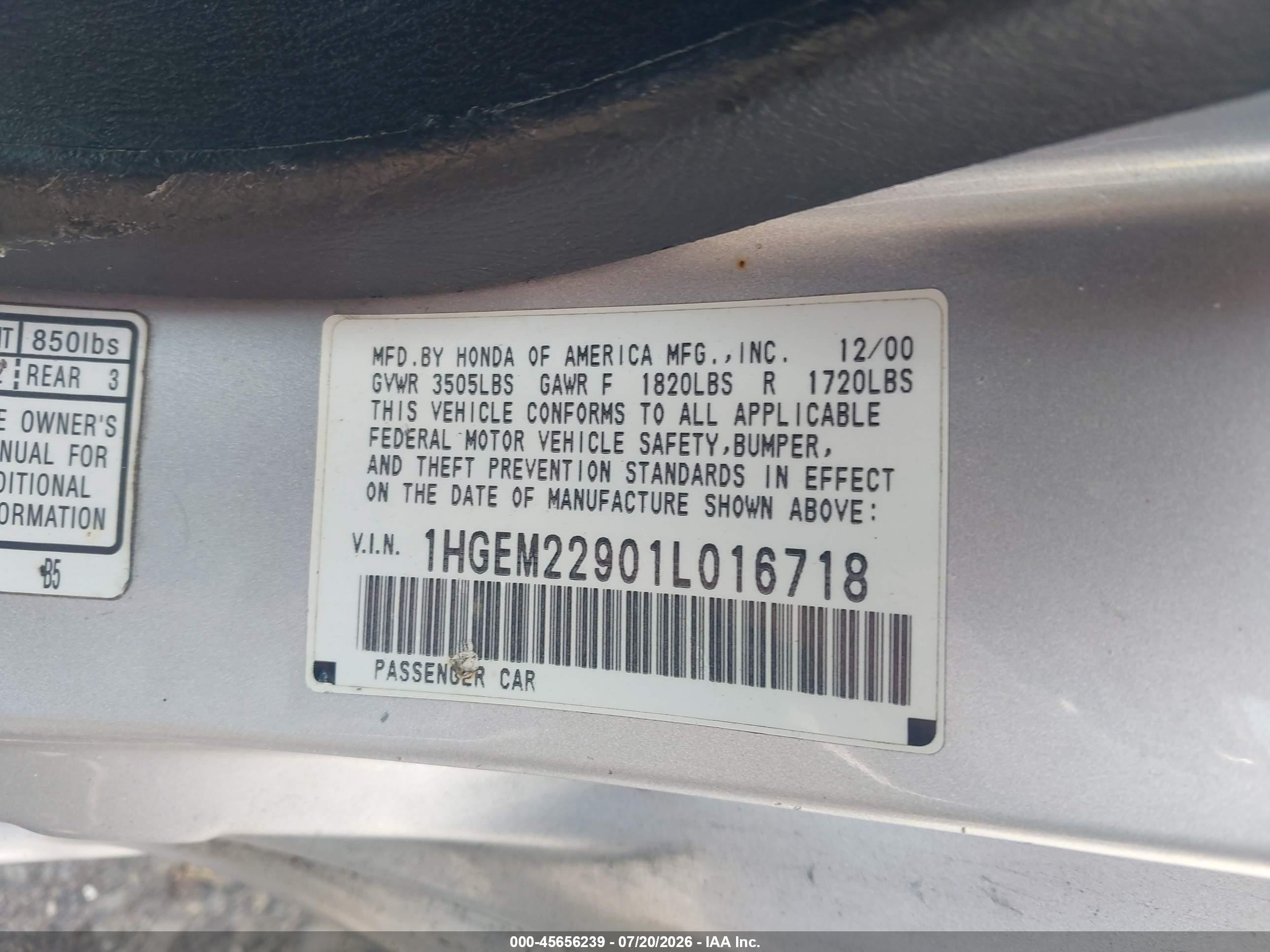 2001 Honda Civic Ex Silver vin: 1HGEM22901L016718