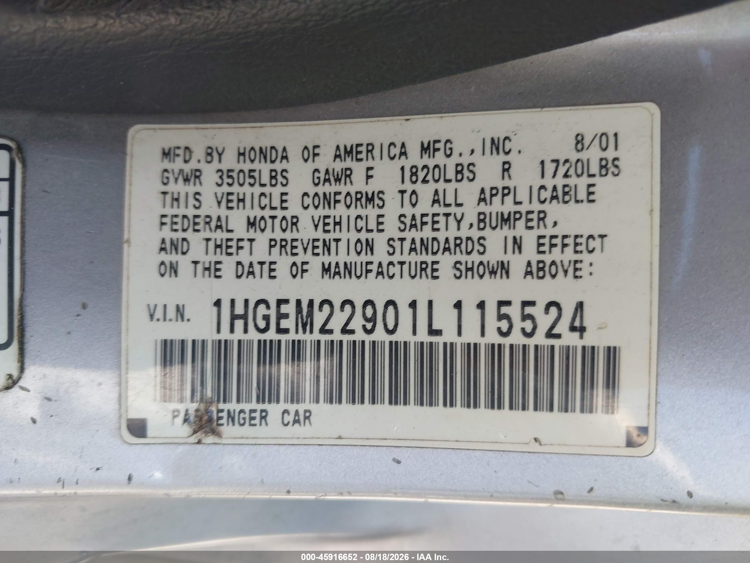 2001 Honda Civic Ex Gray vin: 1HGEM22901L115524