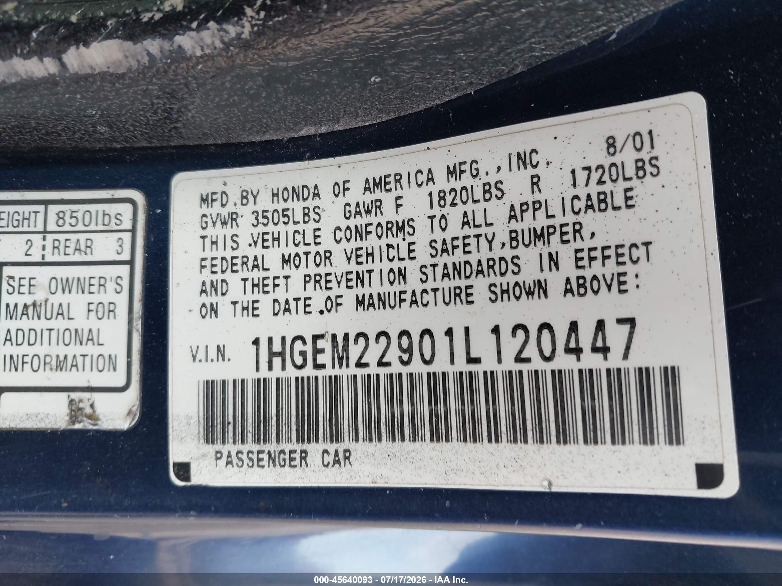 2001 Honda Civic Ex Blue vin: 1HGEM22901L120447
