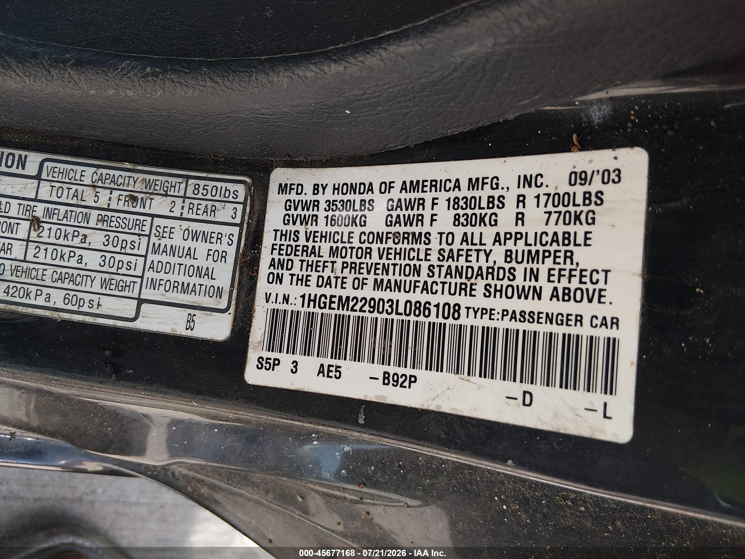 2003 Honda Civic Ex Black vin: 1HGEM22903L086108