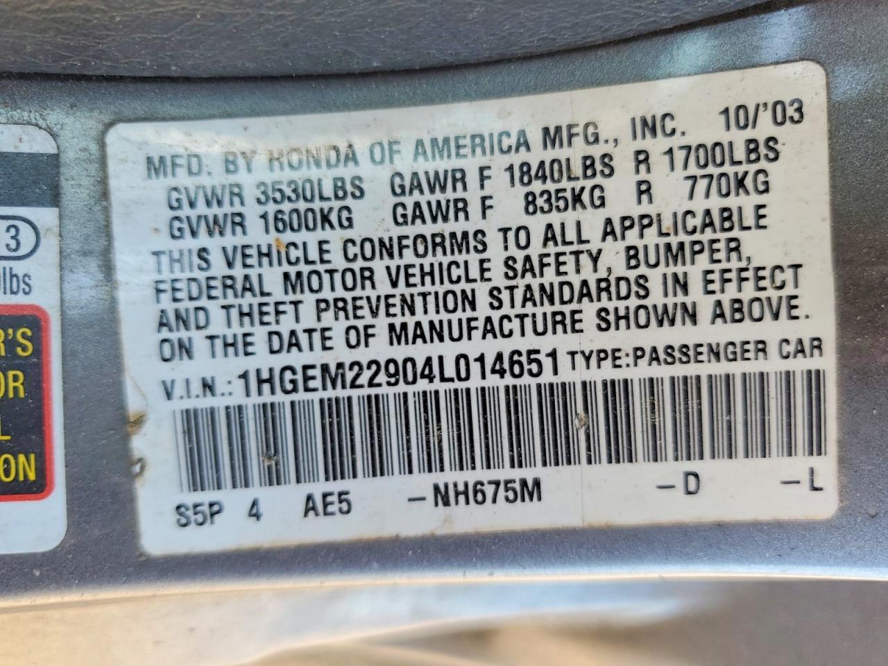 2004 Honda Civic Ex Gray vin: 1HGEM22904L014651