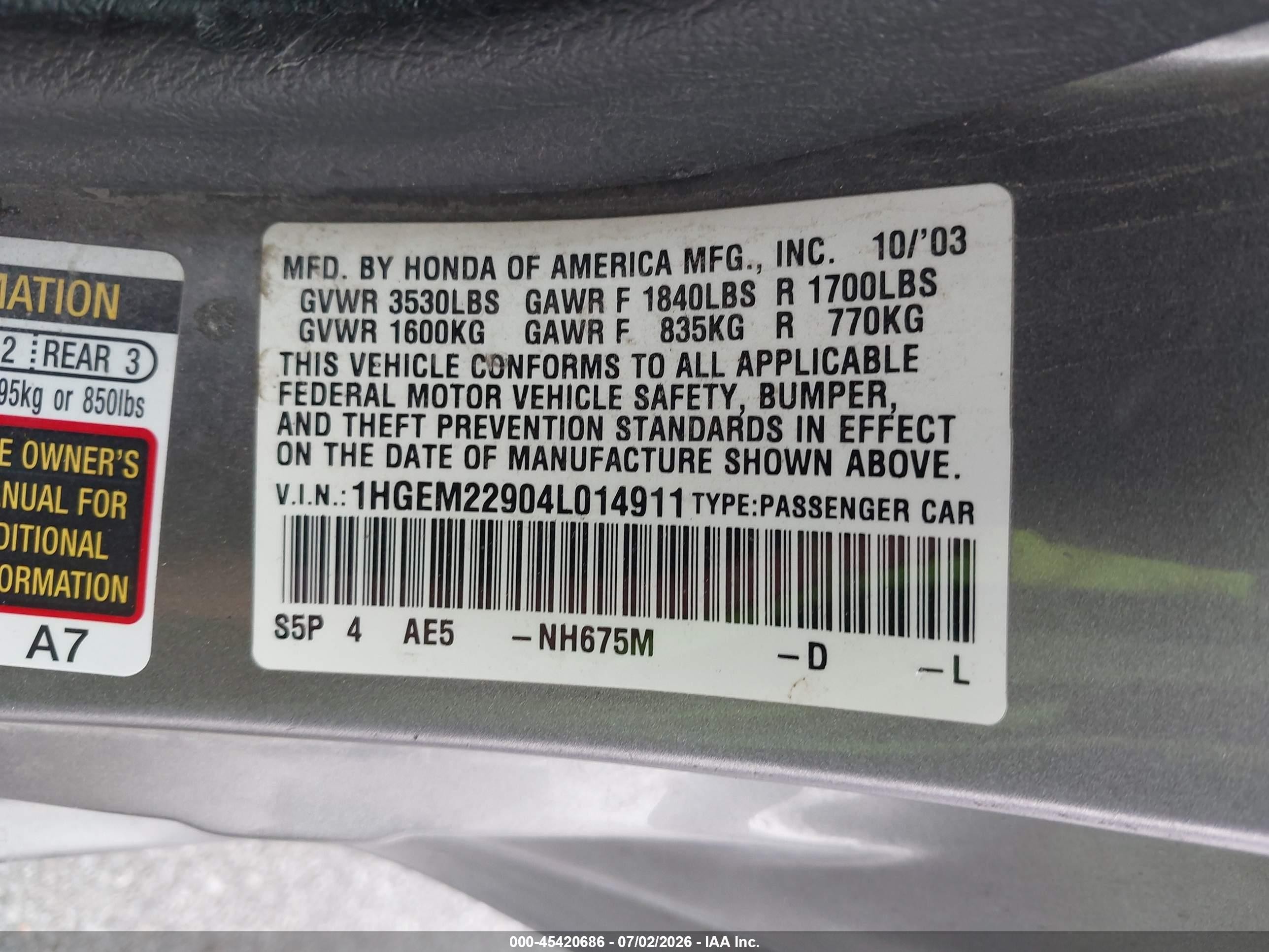 2004 Honda Civic Ex Gray vin: 1HGEM22904L014911