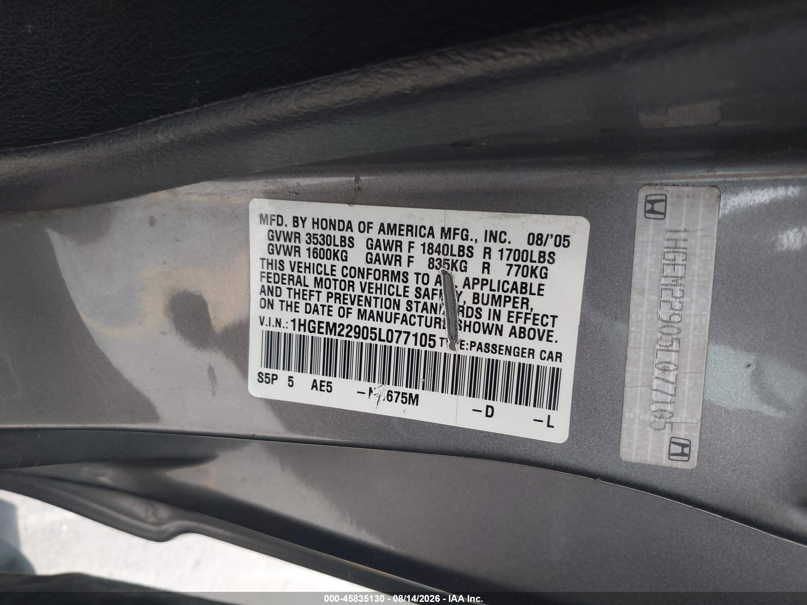 2005 Honda Civic Ex Gray vin: 1HGEM22905L077105