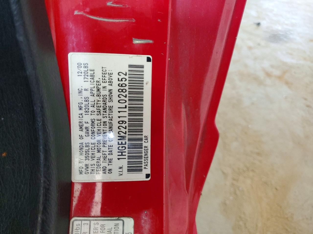 2001 Honda Civic Si Red vin: 1HGEM22911L028652