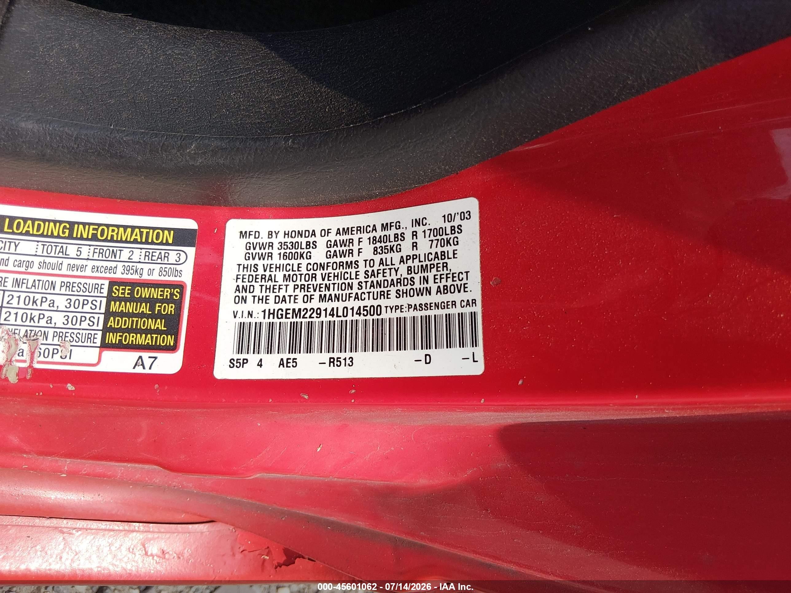 2004 Honda Civic Ex Red vin: 1HGEM22914L014500