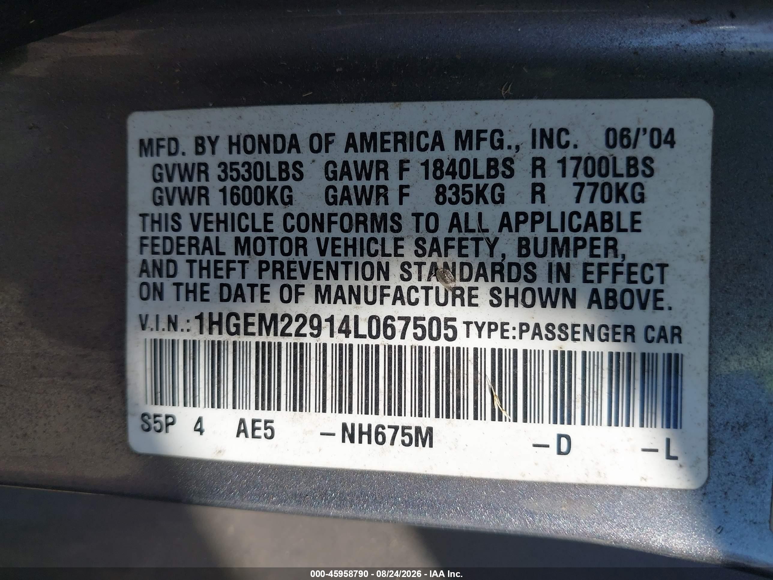 2004 Honda Civic Ex Gray vin: 1HGEM22914L067505