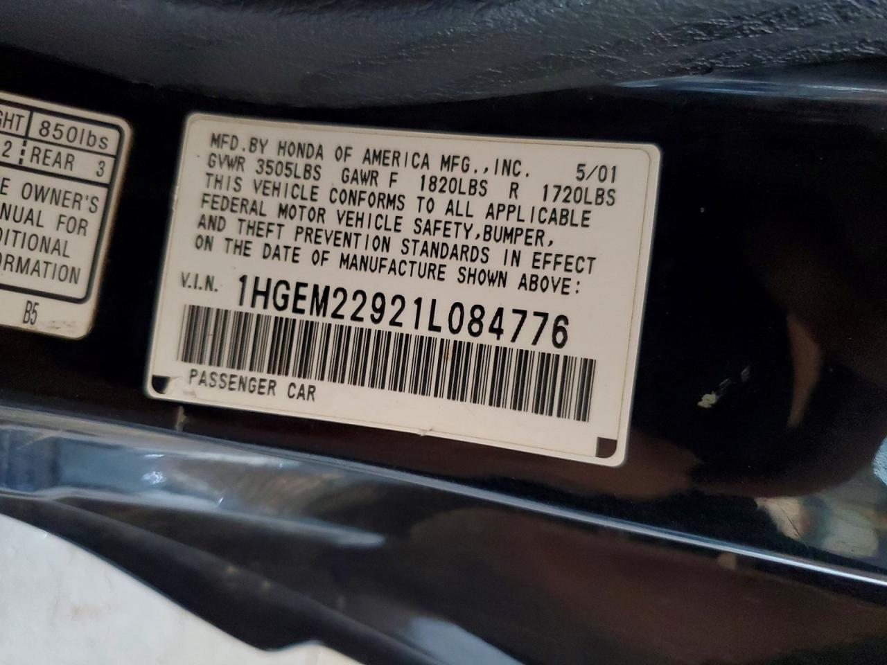 2001 Honda Civic Si Black vin: 1HGEM22921L084776