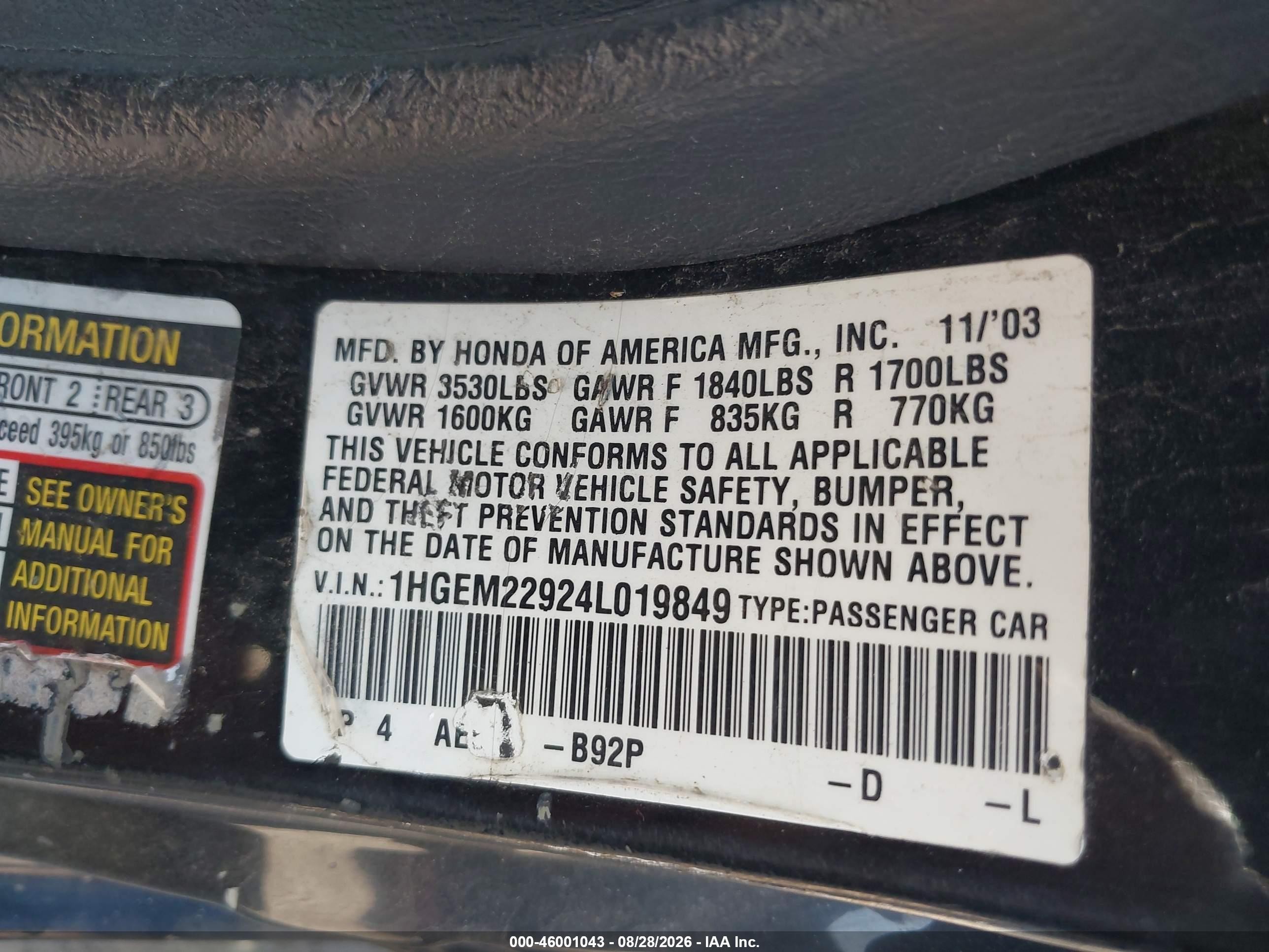 2004 Honda Civic Ex Черный vin: 1HGEM22924L019849
