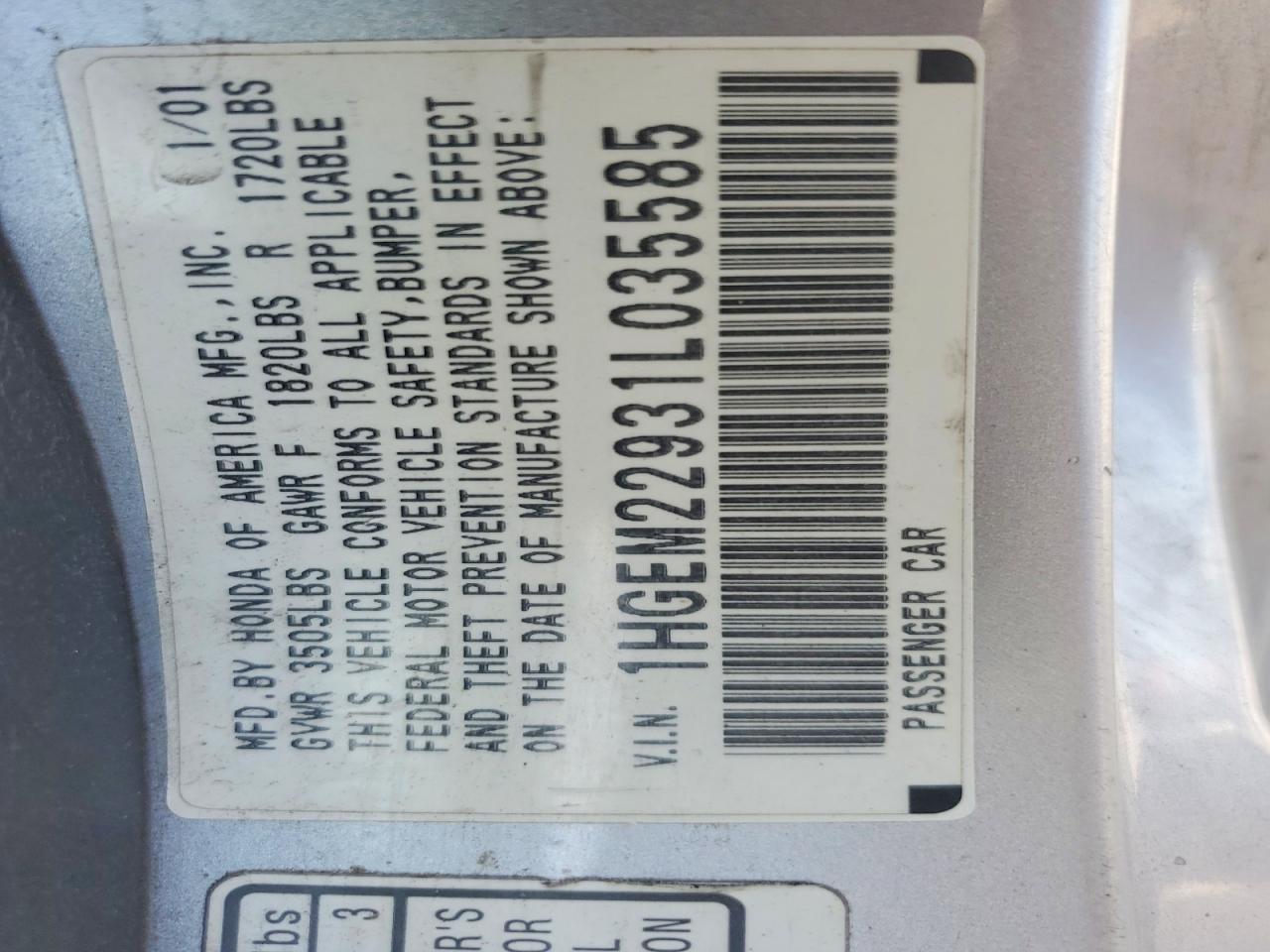 2001 Honda Civic Si Silver vin: 1HGEM22931L035585