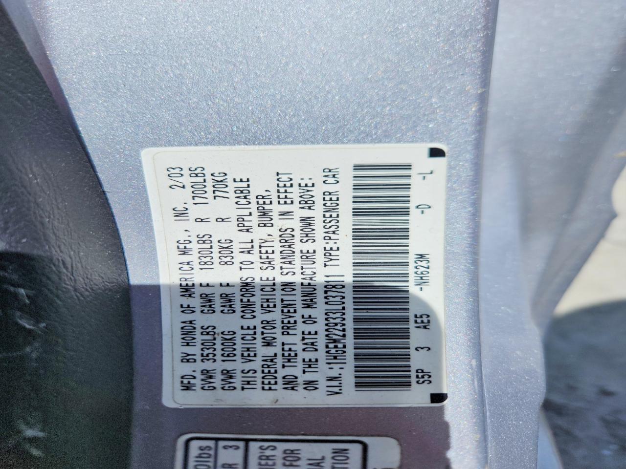 2003 Honda Civic Ex Серебряный vin: 1HGEM22933L037811