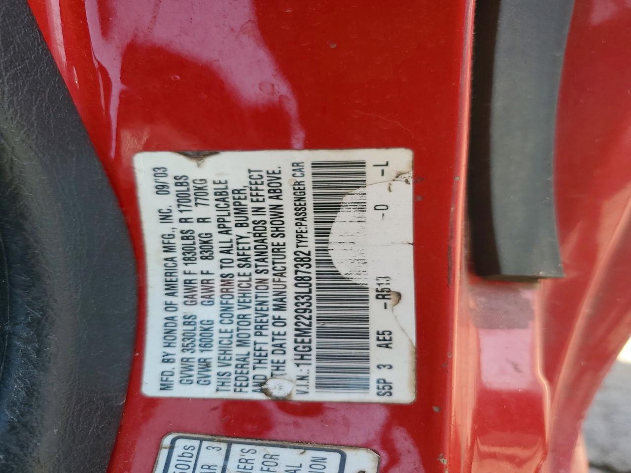 2003 Honda Civic Ex Red vin: 1HGEM22933L087382