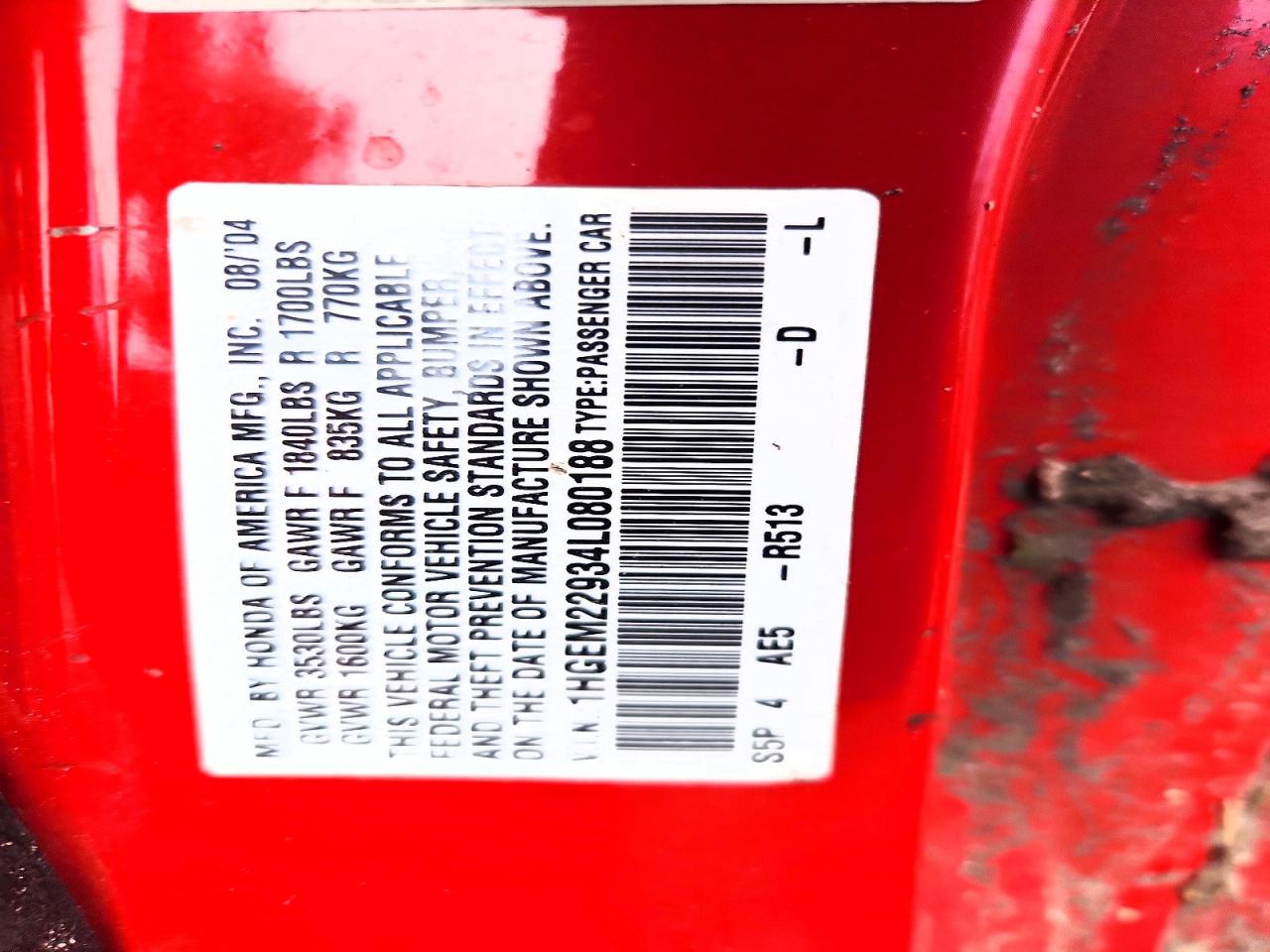 2004 Honda Civic Ex Red vin: 1HGEM22934L080188