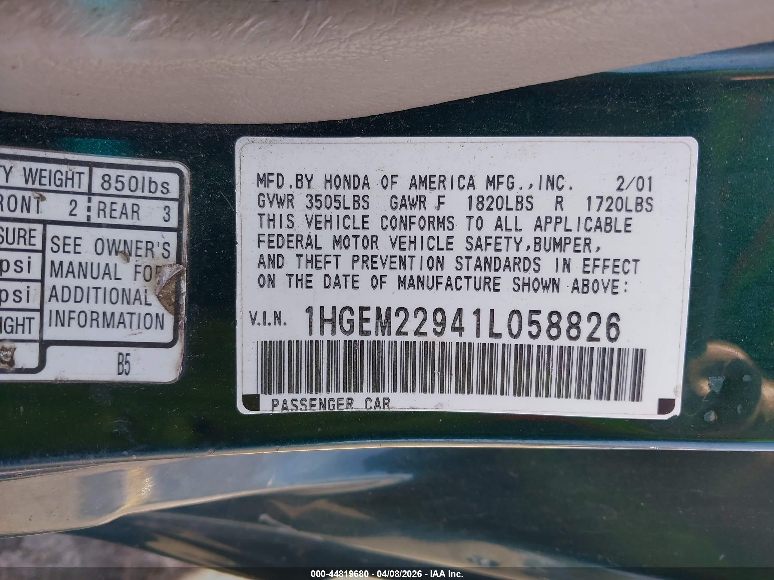2001 Honda Civic Ex Green vin: 1HGEM22941L058826