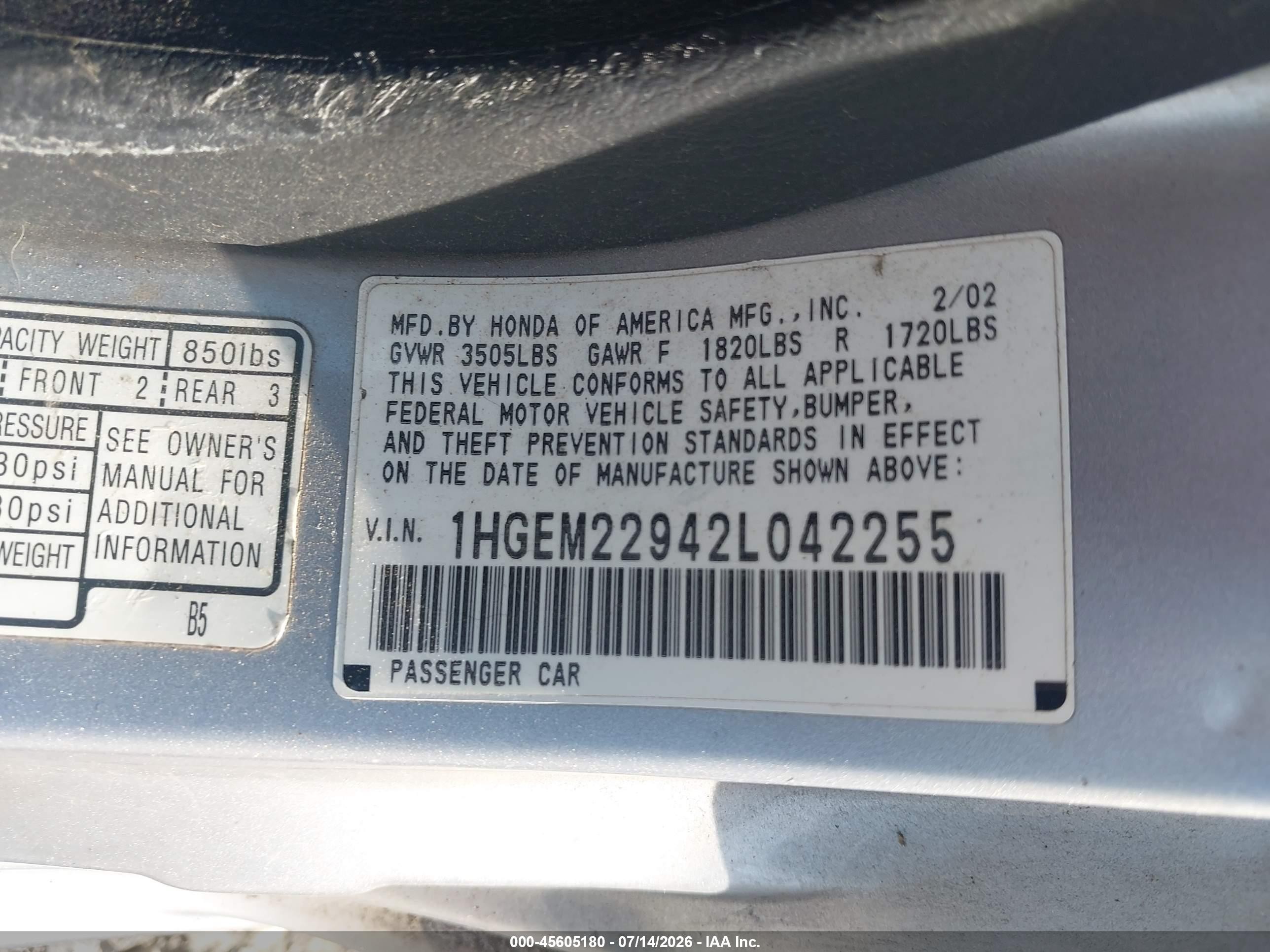 2002 Honda Civic Ex Silver vin: 1HGEM22942L042255