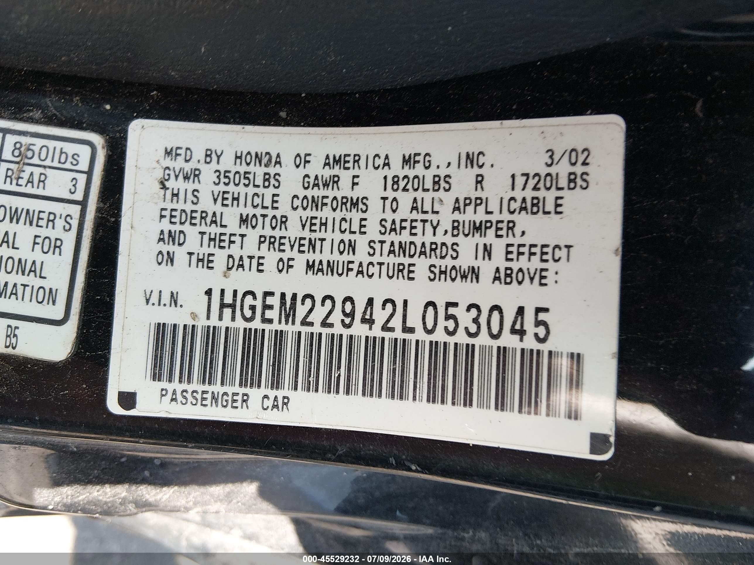 2002 Honda Civic Ex Черный vin: 1HGEM22942L053045