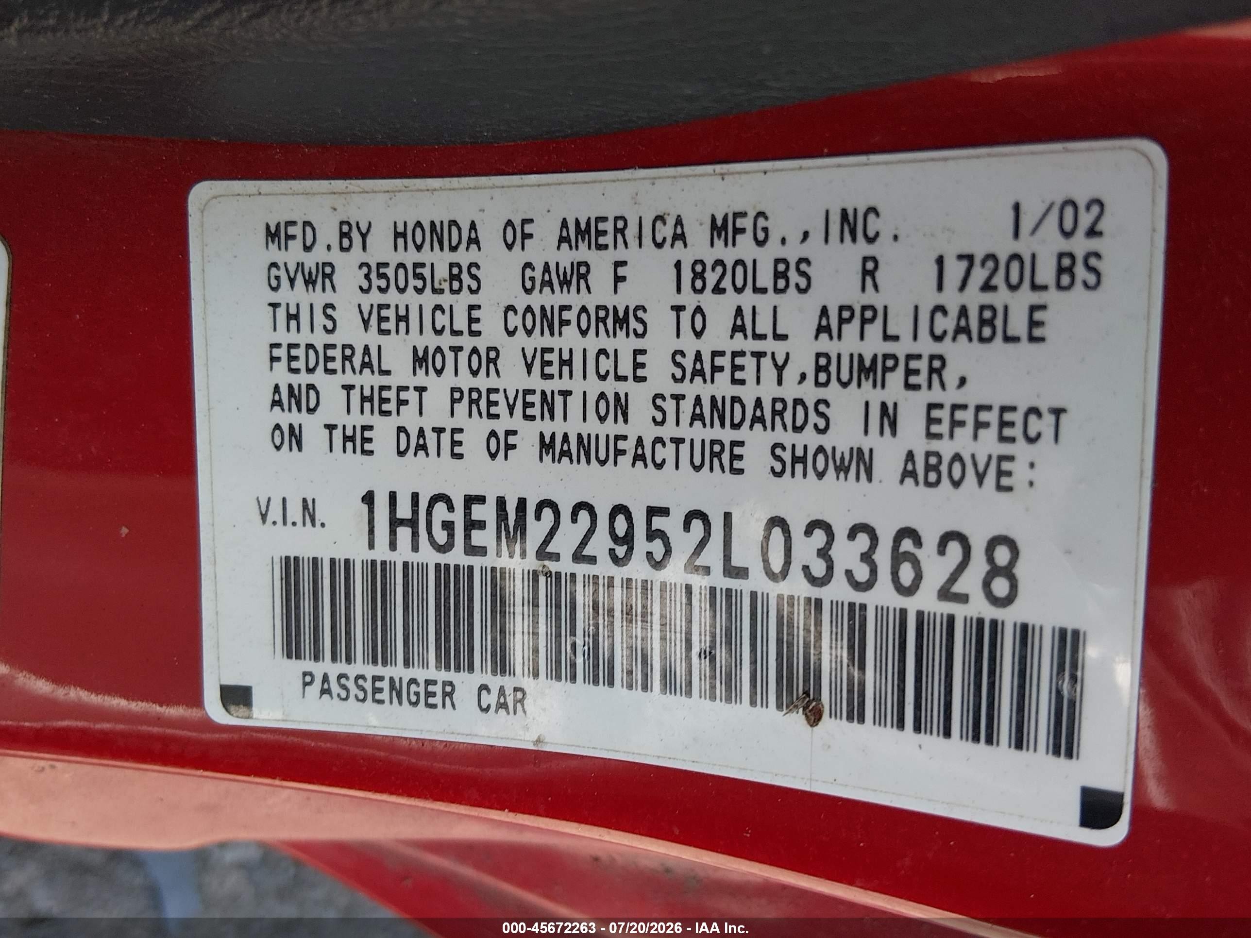 2002 Honda Civic Ex Red vin: 1HGEM22952L033628