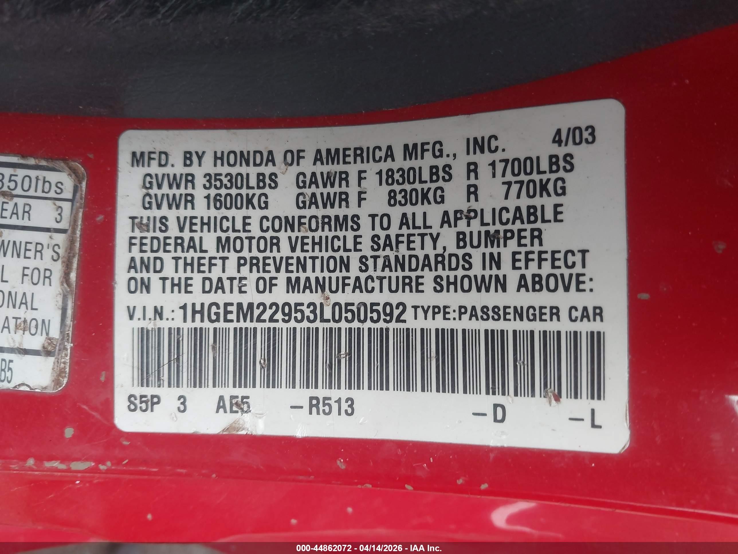 2003 Honda Civic Ex Red vin: 1HGEM22953L050592