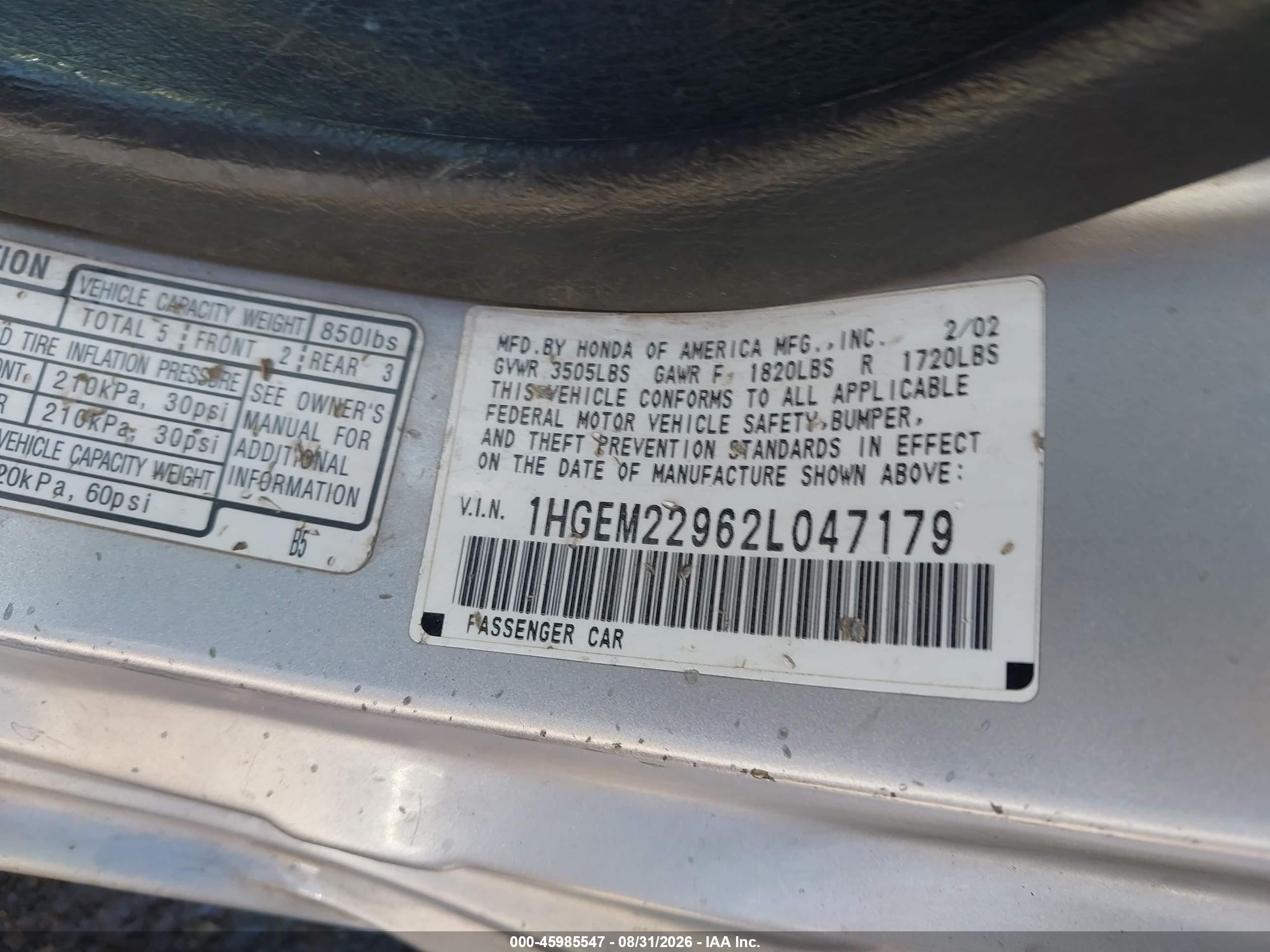 2002 Honda Civic Ex Silver vin: 1HGEM22962L047179