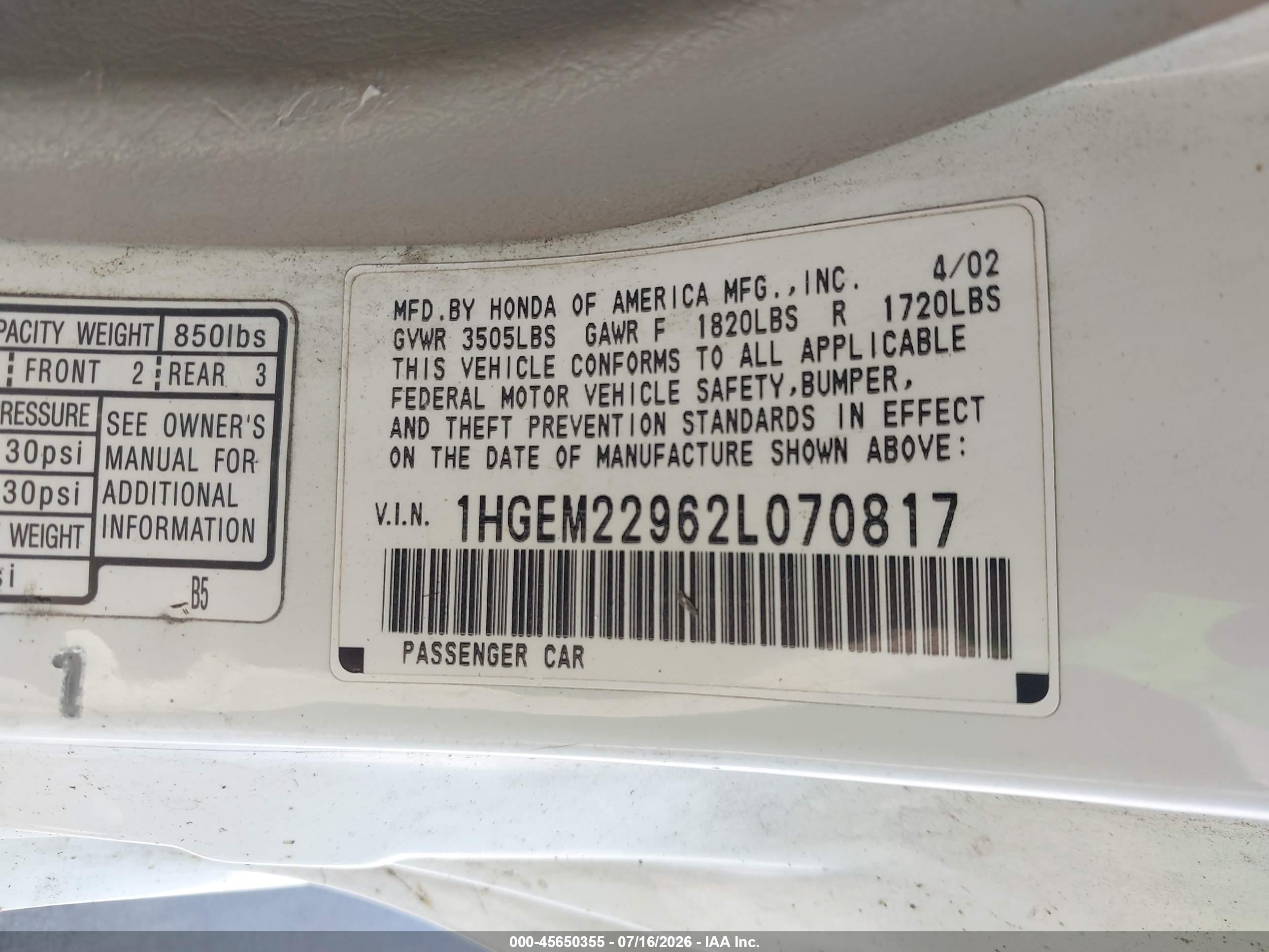 2002 Honda Civic Ex White vin: 1HGEM22962L070817