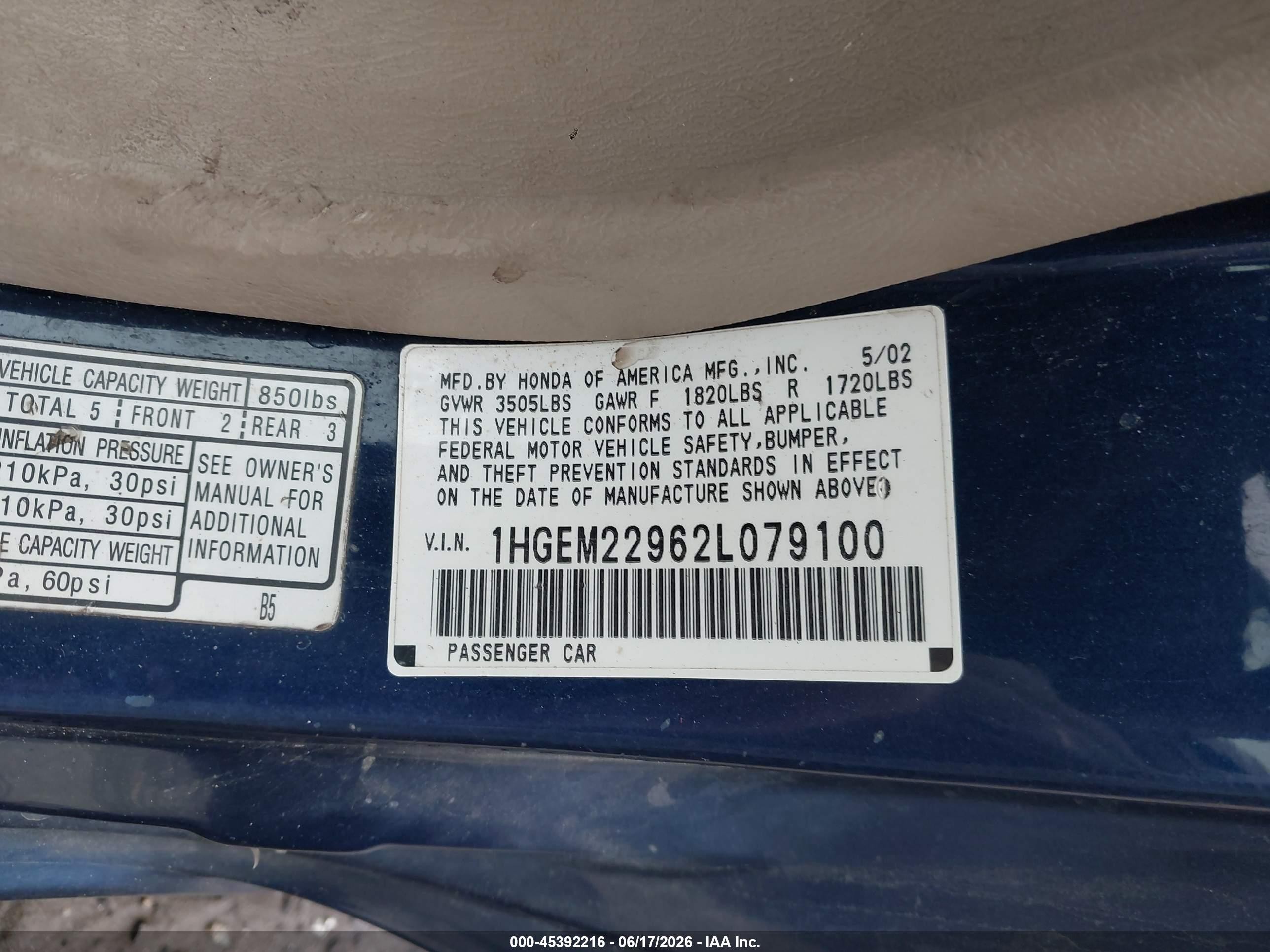 2002 Honda Civic Ex Dark Blue vin: 1HGEM22962L079100
